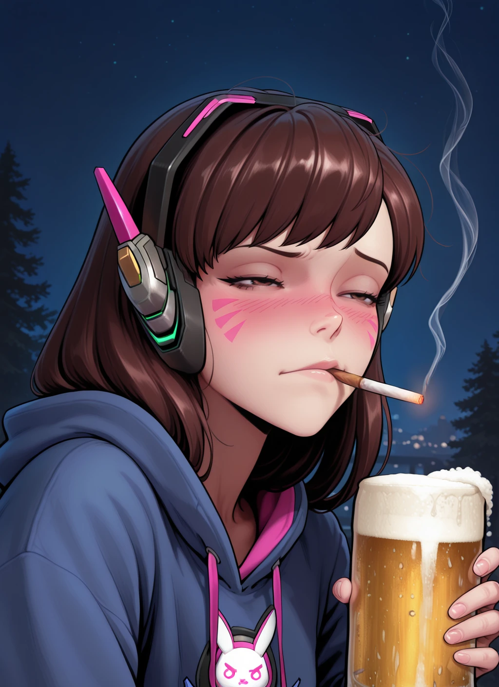 embedding:IllusP0s, artist:schmedefus3, d.va_\(overwatch\), smoking cigarette, holding, beer, 1girl, solo, outdoors, night, close-up, hoodie, drunk, blush, frown, squinting, embedding:IllustriousQual, embedding:Smooth Quality,<lora:artist_schmedefus3_ill.safetensors:1.0:1.0>