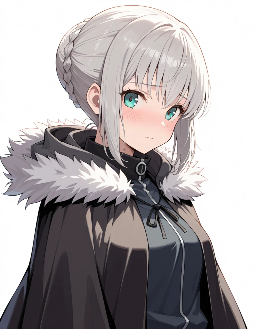 Volumetric Lighting, (masterpiece), (best quality), (ultra-detailed), masterpiece, source_anime, score_9, score_8_up, score_7_up BREAK, illustration, disheveled hair, detailed eyes, perfect composition, moist skin, intricate details BREAK, light depth, detailed face BREAK, Gray, grey hair, green eyes, short hair, sidelocks, braid BREAK, Graydef, def_track_jacket, def_neck_ribbon, hood down, def_fur_trim_capelet, def_hooded_cloak, def_gloves BREAKK, ((white background)), looking at viewer, upper body, hood down,blush, embarassed, from side