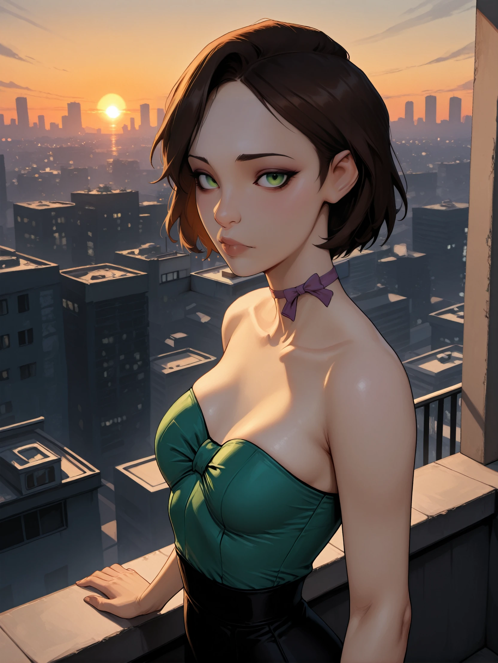 masterpiece, best quality, amazing quality, very aesthetic, absurdres, newest,
<lora:ILWolfFaith:1.0>
WolfFaith, 1girl, brown hair, green eyes, short hair, bow, looking at viewer, high fashion outfit, rooftop view, dramatic skyline, sunset hues, soft yet sharp details, artful composition