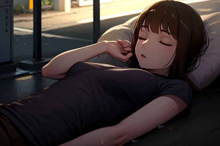 masterpiece, best quality, 32k, high resolution, absurdres, binbouchan, sleeping, lying, street, rain, night, wet clothes