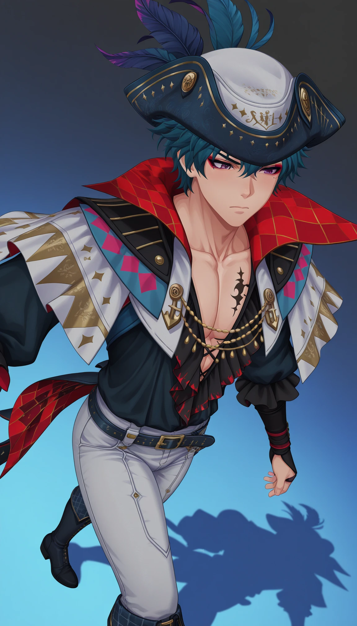 dutch angle, male focus, ,male focus, solo, mature male, moaning, bulante, purple eyes, blue hair, hat, feathers, black shirt, makeup, pectoral cleavage, puffy sleeves, tattoo, capelet, ribbon, knee boots,
serious, closed mouth, face focus,
detailed, perfect anatomy, masterpiece, best quality, good quality, newest, very aesthetic, <lora:bulante ill:1>