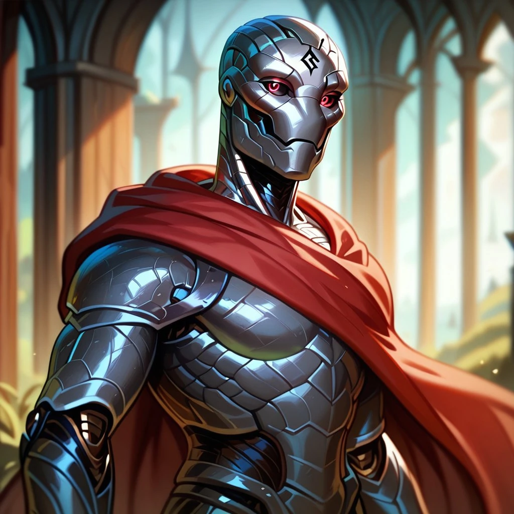 (((detailed, beautiful, high quality))), score_9, score_8_up, score_7_up, upper body, solo,
warforged, robot monster, metal body, black sclera, rune on forehead, wooden hinges,
1 male, red eyes, black skin, red cape,
looking at the viewer, posing,
fantasy background, blurred background,
