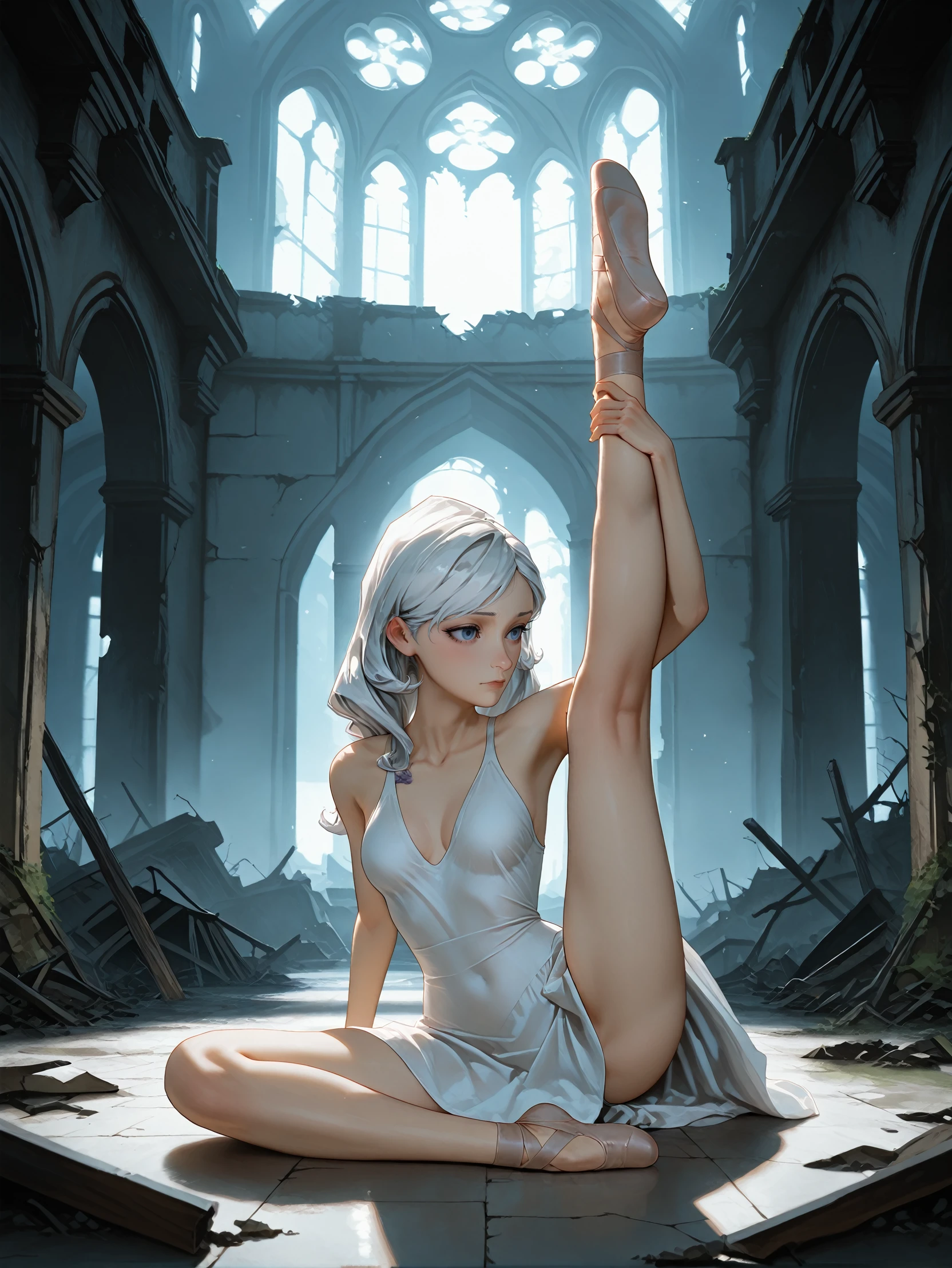 masterpiece, best quality, amazing quality, very aesthetic, absurdres, newest,
<lora:ILWolfHolly:1.0>
WolfHolly, 1girl, white hair, blue eyes, long hair, ballerina pose, abandoned castle, soft light filtering through ruins, poetic and melancholic, breathtaking realism, sitting, dynamic pose