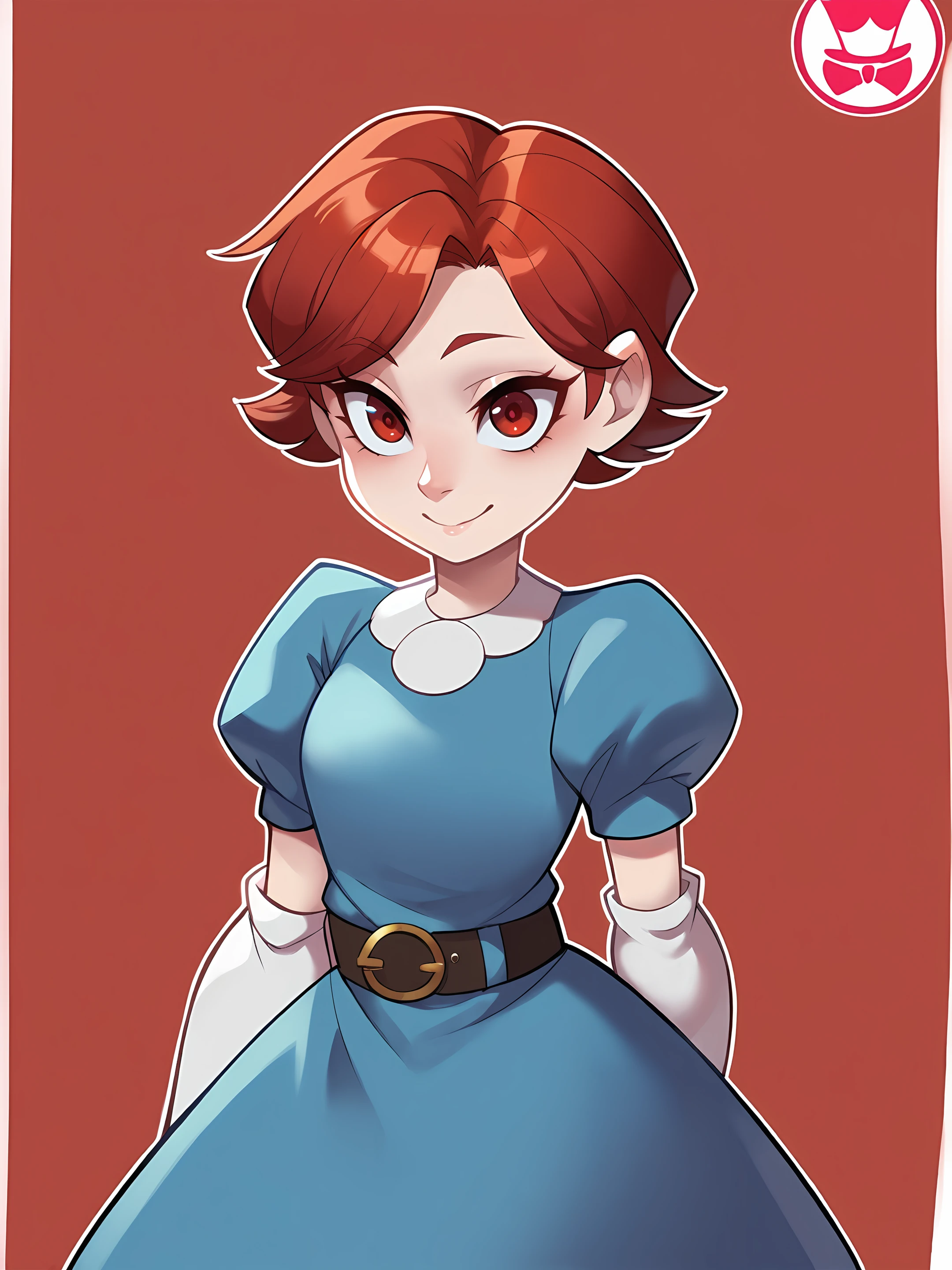 score_9, score_8_up, score_7_up, score_6_up, score_5_up, score_4_up, 1girl, Enti, red hair, red eyes, short hair, dress, elbow gloves, puffy sleeves, belt, white gloves, puffy short sleeves, blue dress, looking at viewer, light smile, red background, white outline, <lora:Elena-05:0.85>, <lora:SchpicyStyle-03_933924:1> Schp1cy
