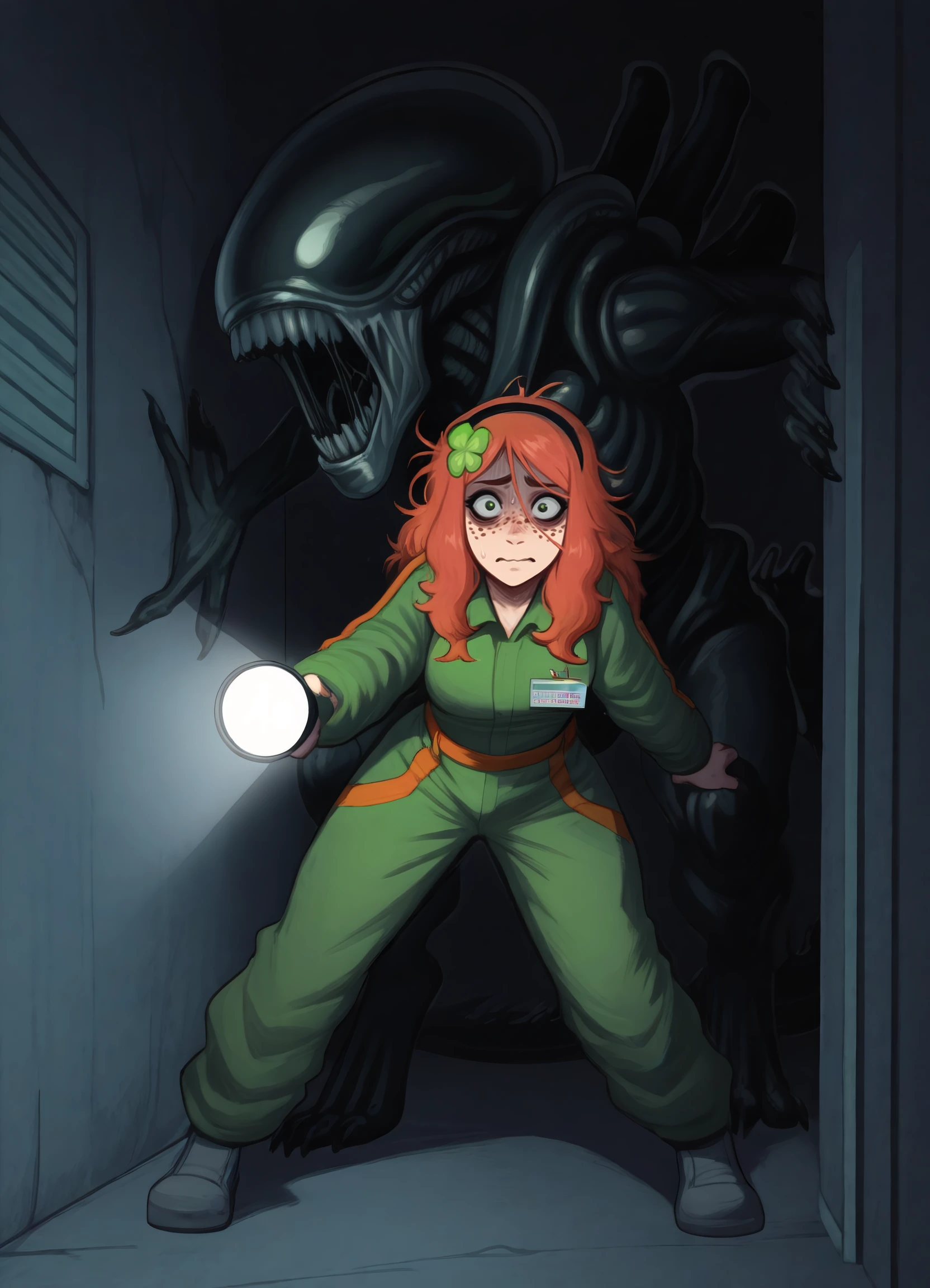 masterpiece, best quality, amazing quality, absurdres, highres,
1girl, adult, stunning attractive cute 28-years-old woman, xenomorph in the background, shadows,
dark, horror \(theme\), indoors, run-down building, haunted,
nervous, scared, sneaking, hunched over, holding flashlight,
<lora:Vivian_James_-_Illustrious:1> vivian-james, orange hair, messy hair, freckles, four-leaf clover hair ornament, jumpsuit, maintenance technician outfit,