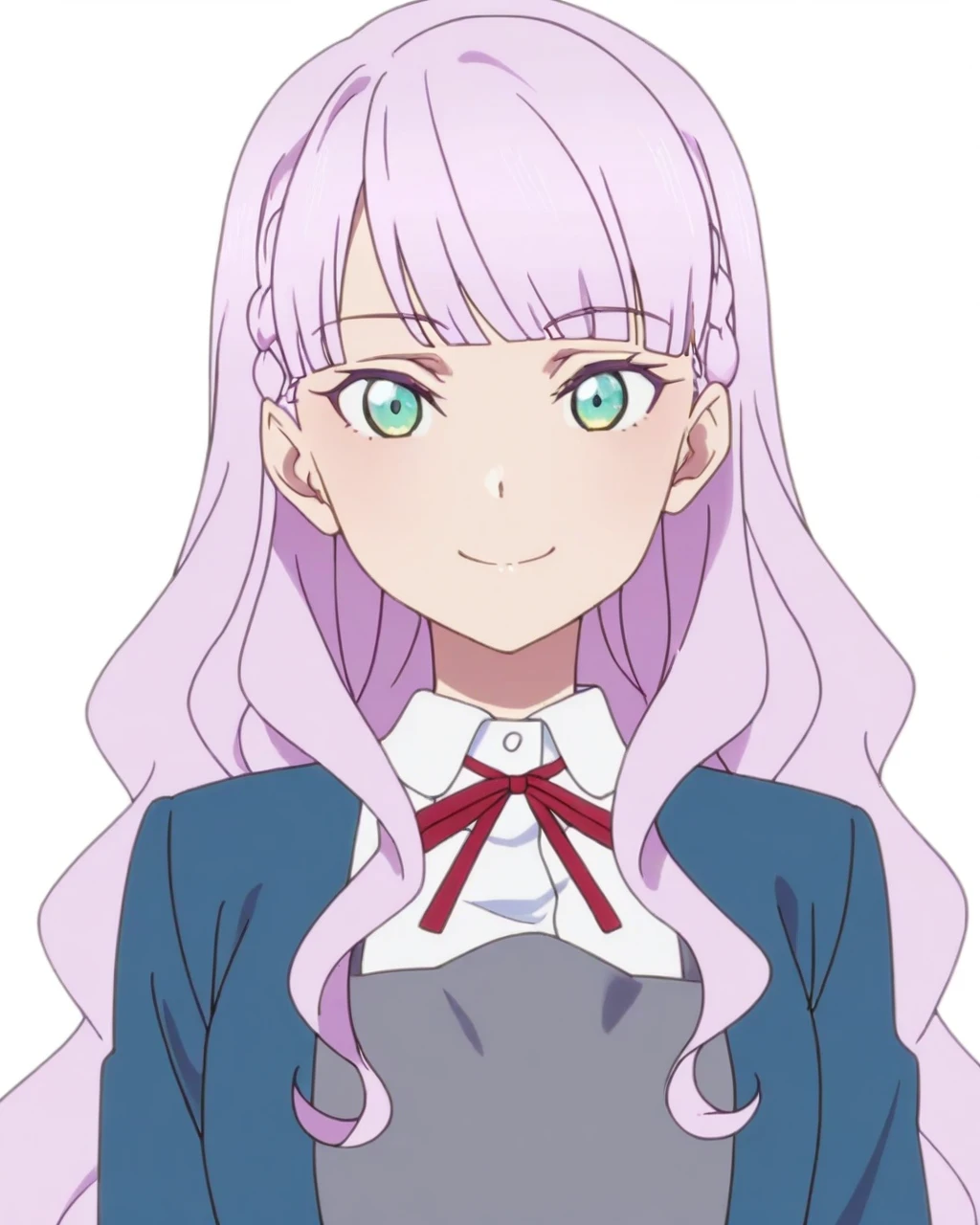 best quality, masterpiece, (anime screencap, simple background, solid white background:1.5), 1girl, solo, looking at viewer, upper body, <lora:wien-lovelivesuperstarIL:0.8>, wien margarete, long hair, braid, school uniform, red neck ribbon, white collared shirt, grey pinafore dress, blue jacket, smile