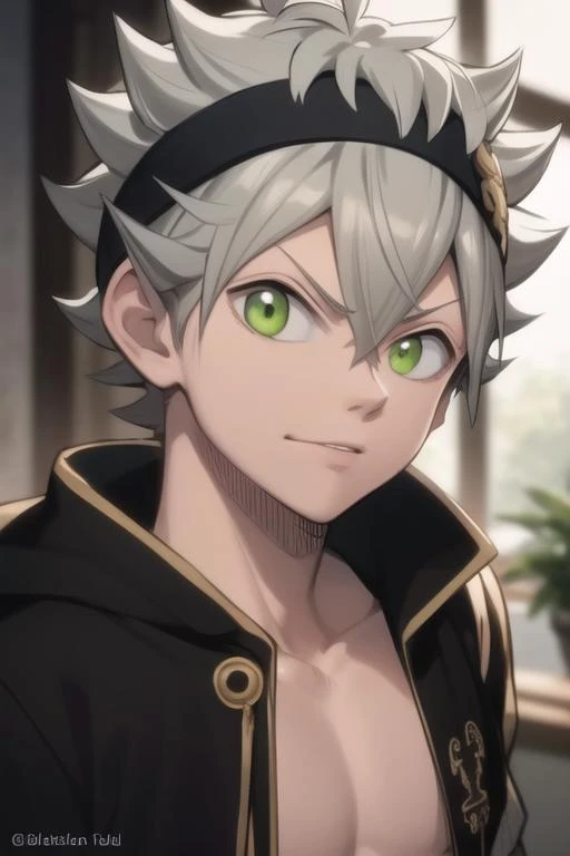 masterpiece, best quality, high quality, 1boy, solo, male focus, looking at viewer, upper body, <lora:asta:0.72>, asta, green eyes, headband, grey hair, spiked hair,