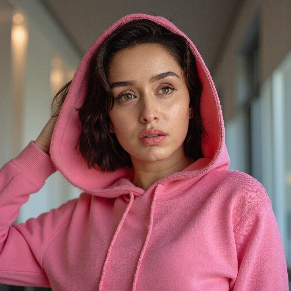 shraddha_kapoor , Shraddha Kapoor - Bollywood Actress wearing pink hoodie, looking ahead, portrait photography, The image is detailed and shot using a Canon EOS R5 Mark II 45MP Full-Frame Mirrorless Camera with 85mm f 1.4 lens, RAW photo, highest quality, high detail RAW color photo, professional photo, high resolution image, inspiration from renowned photographers like brandon woelfel
