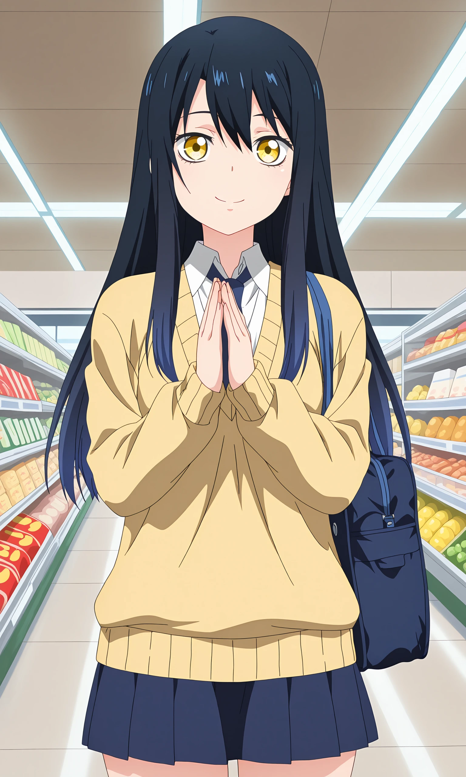 anime coloring, (anime screencap) masterpiece, detailed face, <lora:Miko:0.9>miko, 1girl, solo, long hair, yellow eyes, bag, school uniform, black hair, blue hair, school bag, necktie, sweater, looking at viewer, multicolored hair, supermarket , cowboy shot,hands together, smile,