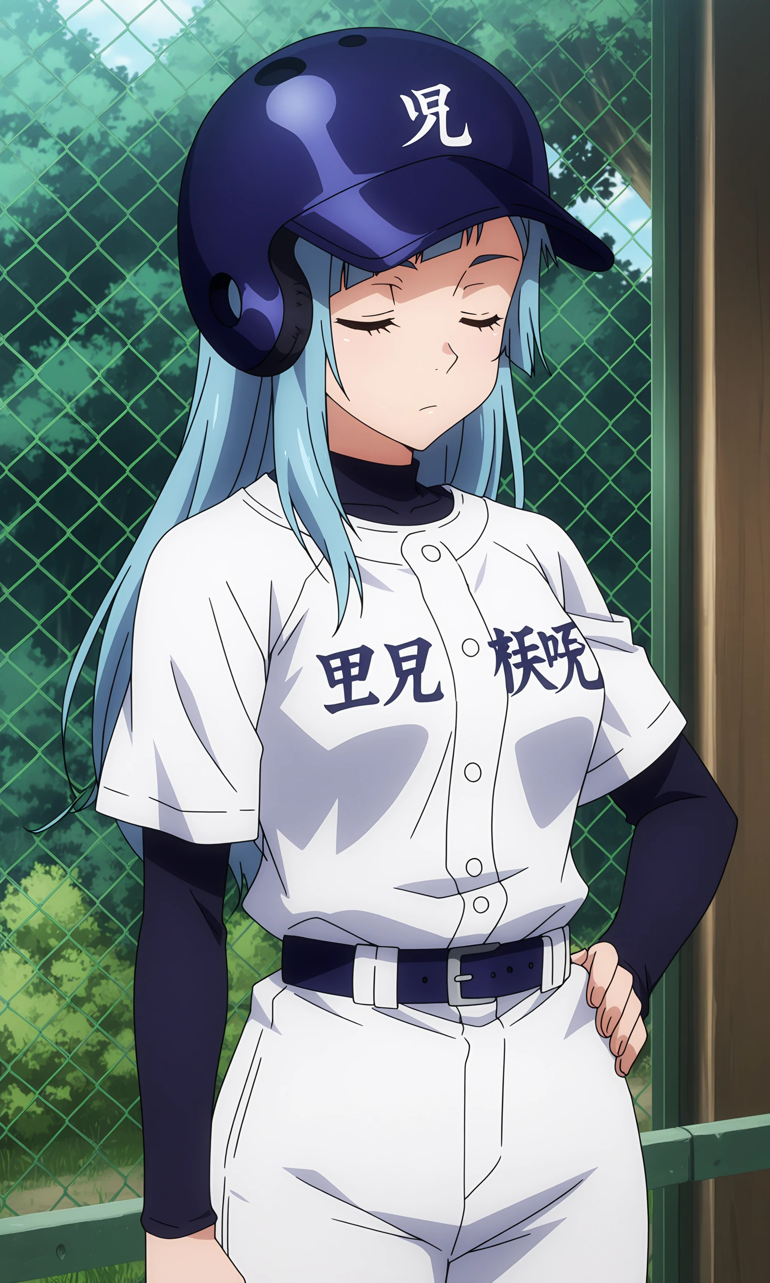 anime coloring, (anime screencap) masterpiece, detailed face, <lora:lora.TA_trained:0.8>,Kasumi, 1girl, solo, helmet, long hair, baseball uniform, belt, closed eyes, blue hair, sportswear, fence, baseball cap, chain-link fence, hat, tree, outdoors, hand on hip
