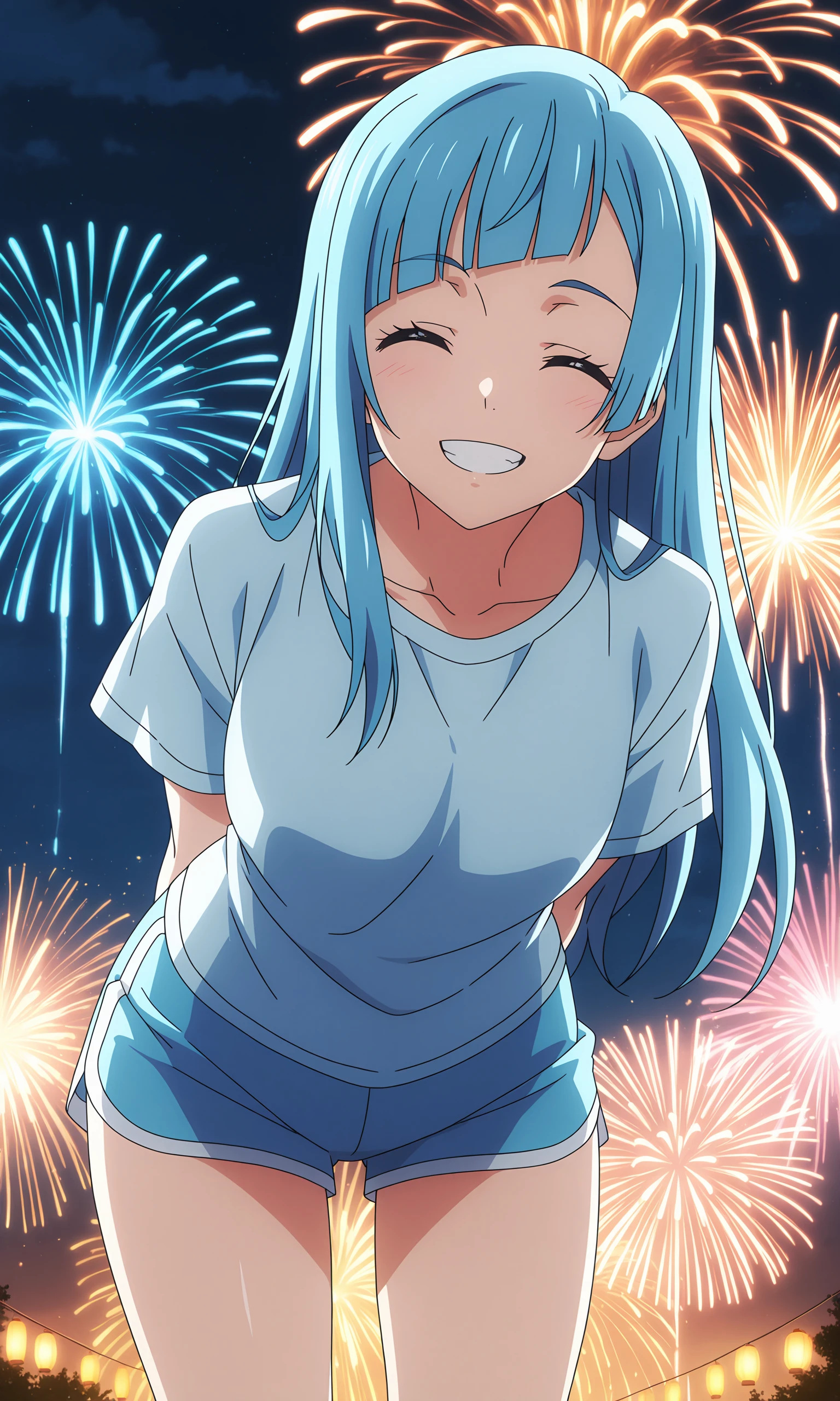 anime coloring, (anime screencap) masterpiece, detailed face, <lora:lora.TA_trained:0.8>Kasumi, 1girl, blue hair, long hair, eyes closed, dolphin shorts, t shirt, bangs, blunt bangs, looking at viewer, solo, standing,arms behind back, smile showing teeth, outdoors, night, fireworks background, leaning forward, cowboy shot,