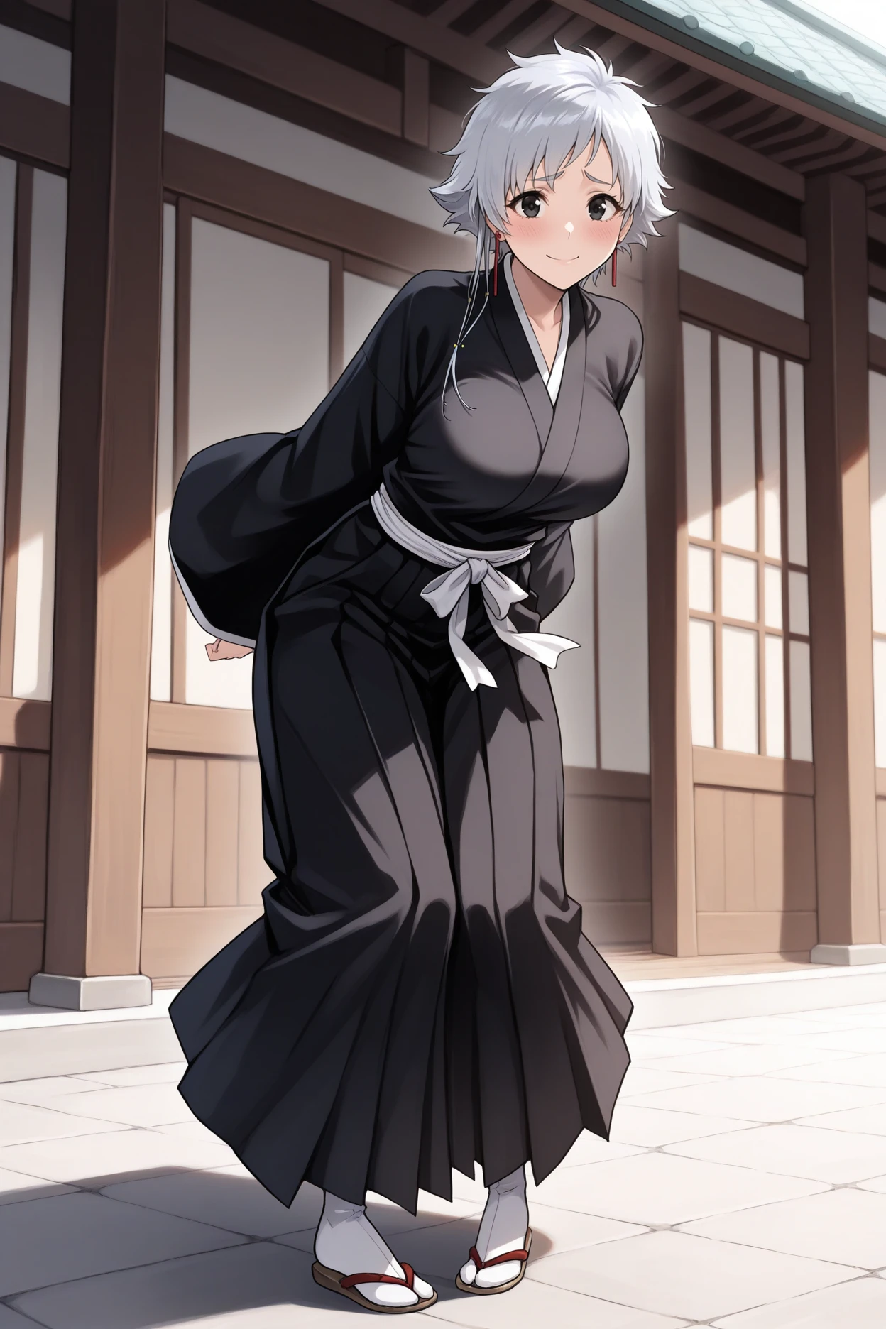 masterpiece, best quality, 1girl, solo, <lora:kotetsuisane-illu-nvwls-v1_1-000006:1> is4ne, silver hair, short hair with long locks, black eyes, earrings, black kimono, wide sleeves, white sash, black hakama, full body, arms behind back, smile, looking at viewer, furrowed brow, blush, pigeon-toed, east asian architecture, large breasts