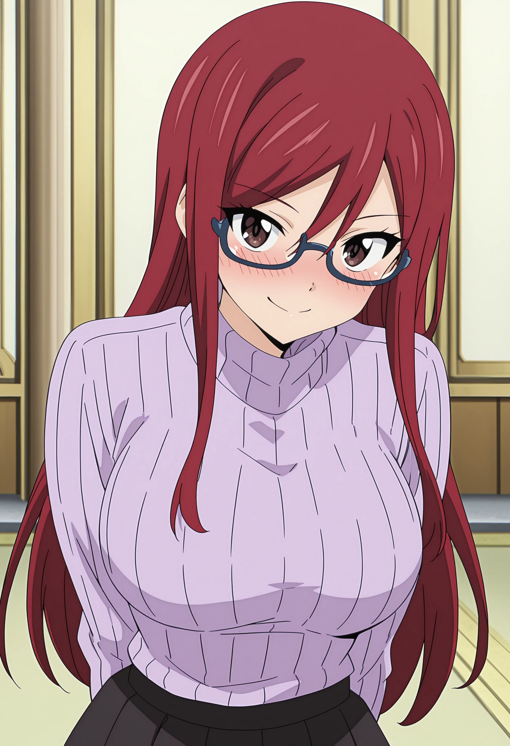 anime screencap, anime coloring, masterpiece, best quality, perfect face,
<lora:Erza_Scarlet_Fairy_Tail_100_Years_Quest_art_style:1>,
outside,
1girl, solo, red hair, long hair, brown eyes, large , purple ribbed sweater, glasses, black skirt, turtleneck, brown eyes, turtleneck sweater, cute girl, blushing, mouth open, leaning in toward the viewer, smile, looking at the viewer