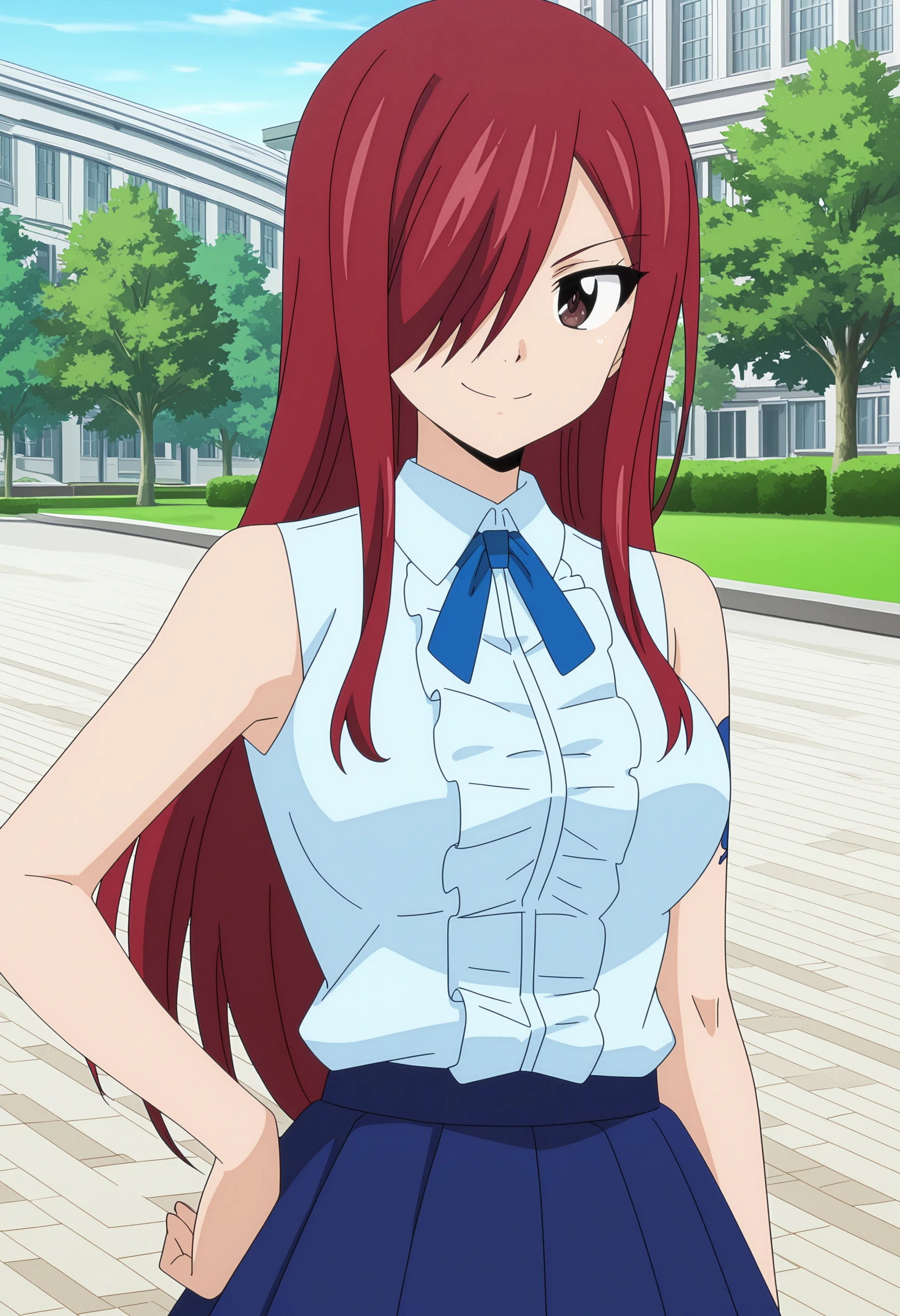 anime screencap, anime coloring, masterpiece, best quality, perfect face,
<lora:Erza_Scarlet_Fairy_Tail_100_Years_Quest_art_style:1>,
outside at a park,
white frilly shirt with blue skirt (outfit), ribbon, hair over one eye, 1girl, hand on own hip, long hair, red hair, tattoo, blue skirt, blue ribbon, shirt, ribbon, brown eyes, arm tattoo, looking at viewer, , bow, smile, cowboy shot