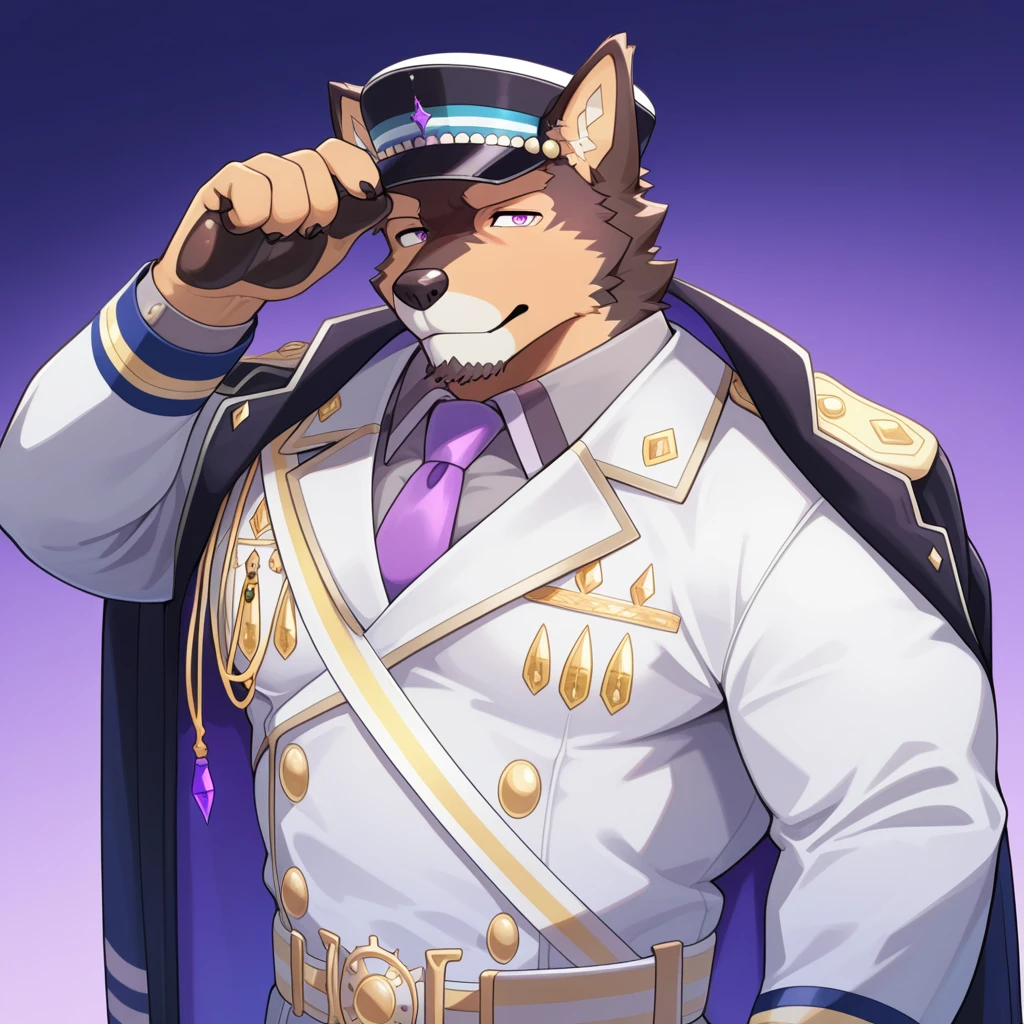 masterpiece, best quality, amazing quality, solo, 1boy, Pubraseer, Purple eyes, military uniform, military hat, coat