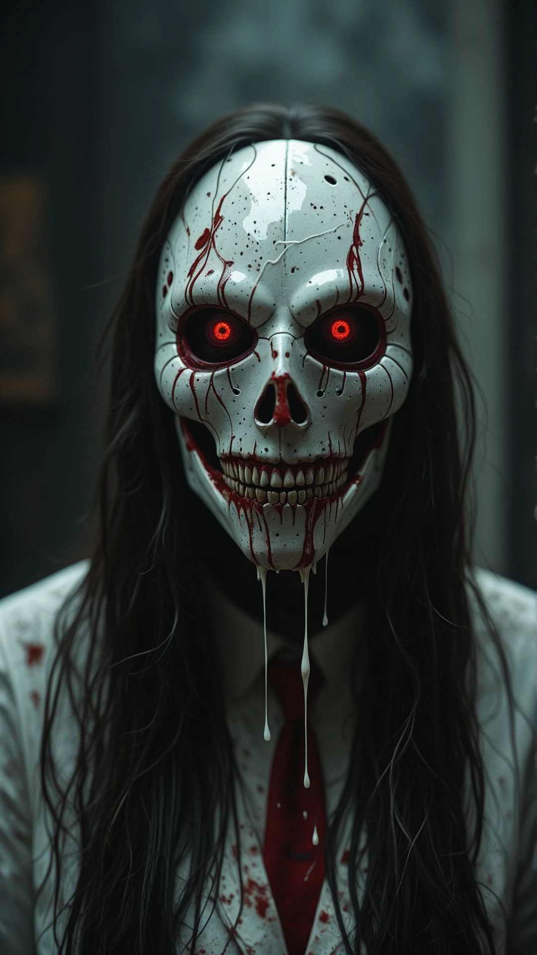Photograph of a heist mask shaped like a fox with horror design, metallic red and fluid white like milk, minimalistic blurry horror background, horror light
,aidmaMJ6.1 <lora:aidmaMJ6.1_v0.5_IL:0.8>