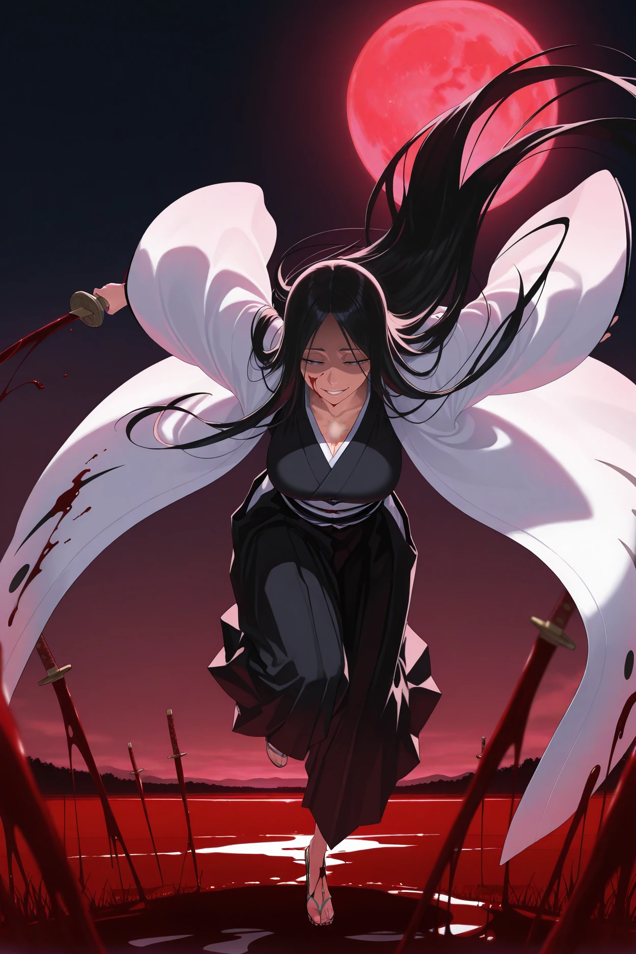 masterpiece, best quality, 1girl, solo, <lora:unohanaretsu-illu-nvwls-v1_1-000007:1> yach1ru, black hair, very long hair, dark blue eyes, large breasts, scar on chest, white haori, wide sleeves, black kimono, obi, black hakama, sandals, blood on body, blood on face, grin, shaded face, half-closed eyes, holding sword, dynamic pose, night sky, field, red moon