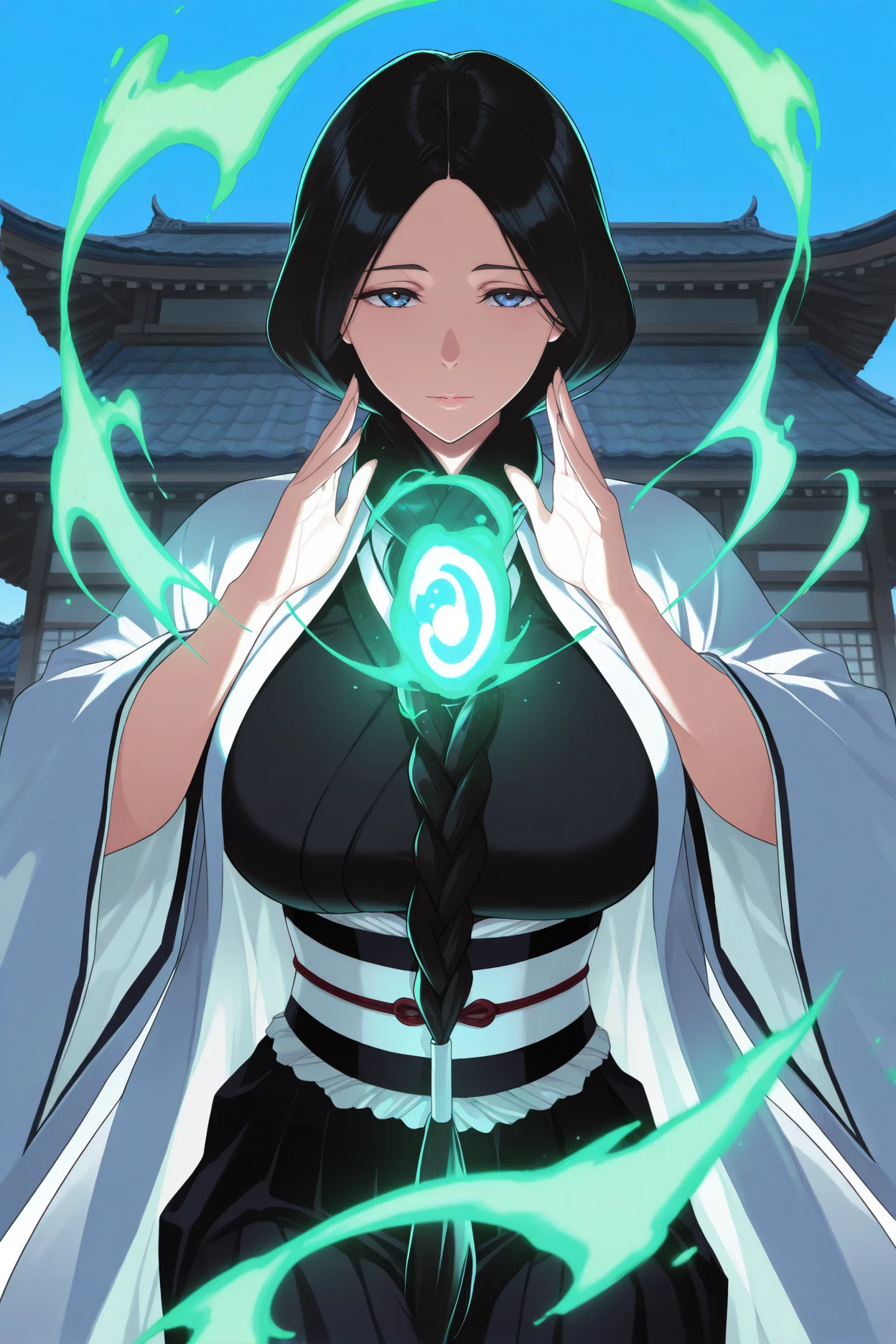 masterpiece, best quality, 1girl, solo, <lora:unohanaretsu-illu-nvwls-v1_1-000007:1> run0hana, black hair, single braid, dark blue eyes, large breasts, white haori, wide sleeves, black kimono, obi, black hakama, hands up, green magic, glow, blue sky, looking at viewer, mature female, east asian architecture