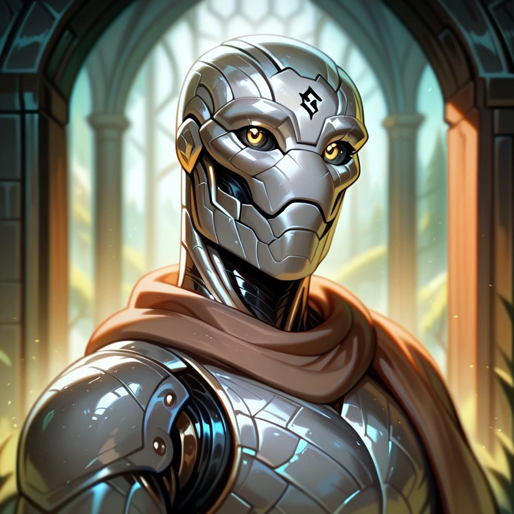 (((detailed, beautiful, high quality))), score_9, score_8_up, score_7_up, upper body, solo, 
warforged, robot monster, metal body, black sclera, rune on forehead, wooden hinges,
1 male, yellow eyes, gray skin, brown scarf,
looking at the viewer, posing, 
fantasy background, blurred background,