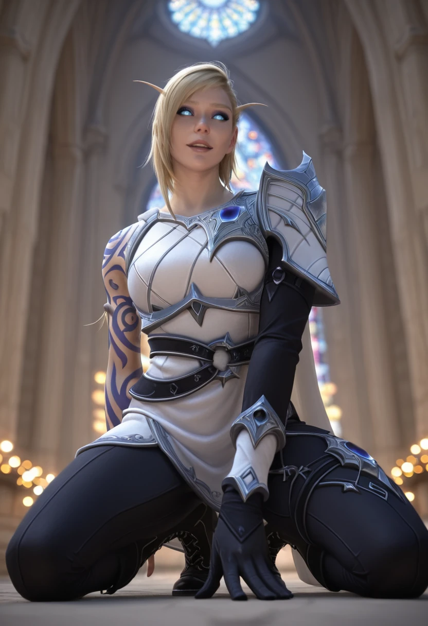 masterpiece, best quality, realistic, photorealistic, focused subject, depth of field, bokeh, from below,
1girl, solo, USAlleriaTWW, blonde hair, arm tattoo, white armor, single pauldron, asymmetrical clothes, black pants, black boots, black gloves,
kneeling, , naughty face, parted lips,,
cathedral, noon,
<lora:USAlleriaTWW:1.0>