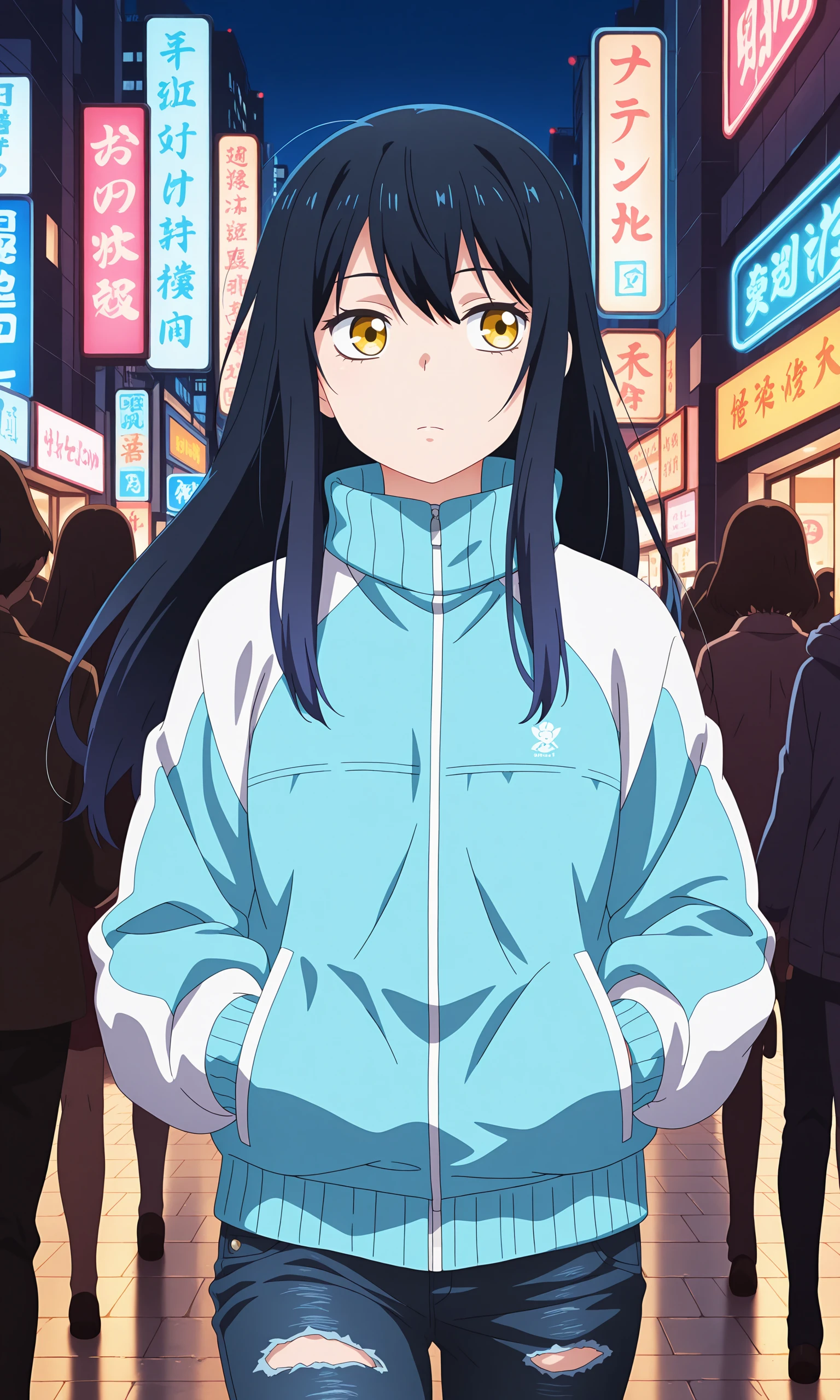 anime coloring, (anime screencap) masterpiece, detailed face, <lora:Miko:0.8>, Miko, yellow eyes, long hair, black hair, blue hair, multicolored hair, sidelocks,bangs , solo,jacket, walking, at night, (eyes looking away from the viewer:1.3, looking away from viewer:1.3), ripped jeans, hands in pocket, nighttime, city streets, neon signs, crowd behind,
Show less