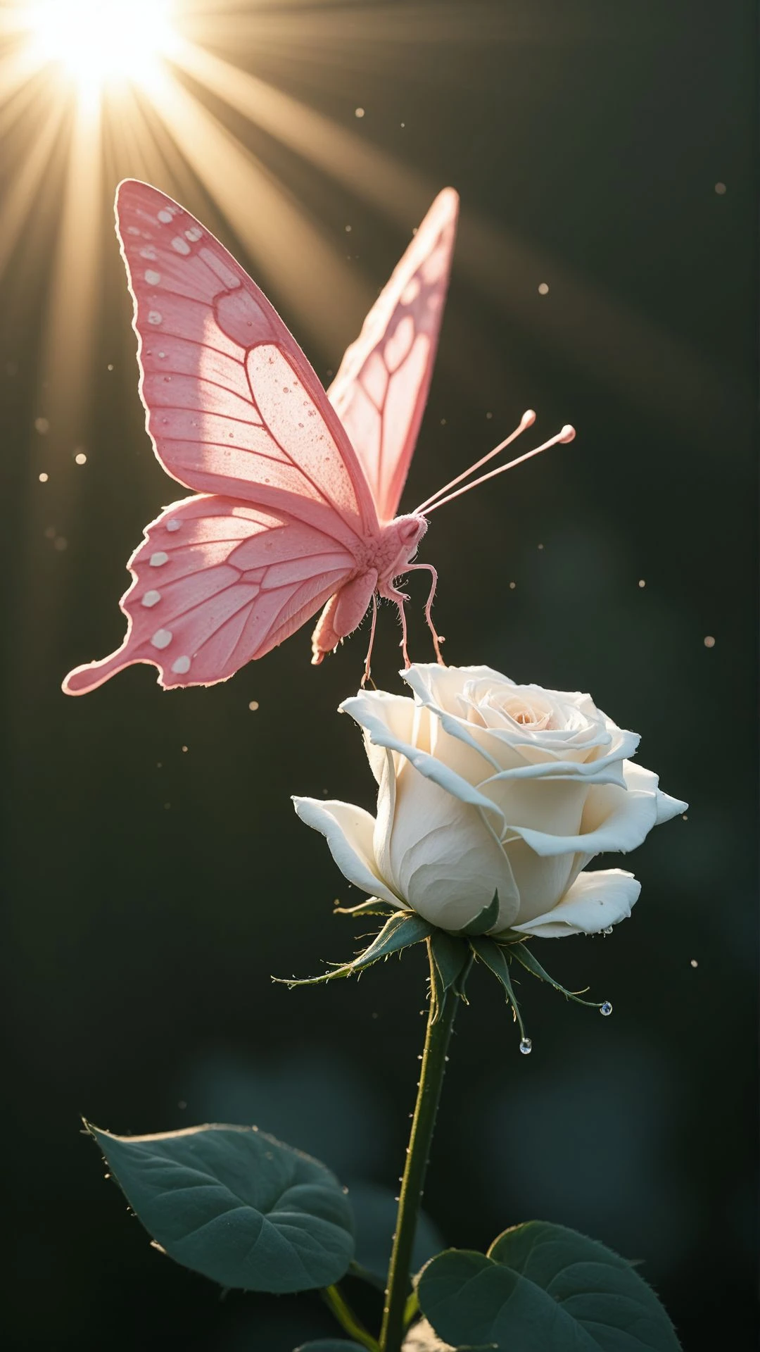 A delicate pink butterfly resting on a single white rose, its wings shimmering in the morning sunlight, tiny dewdrops on the petals.
, aidmahyperrealism <lora:aidmahyperrealism_IL:0.75>