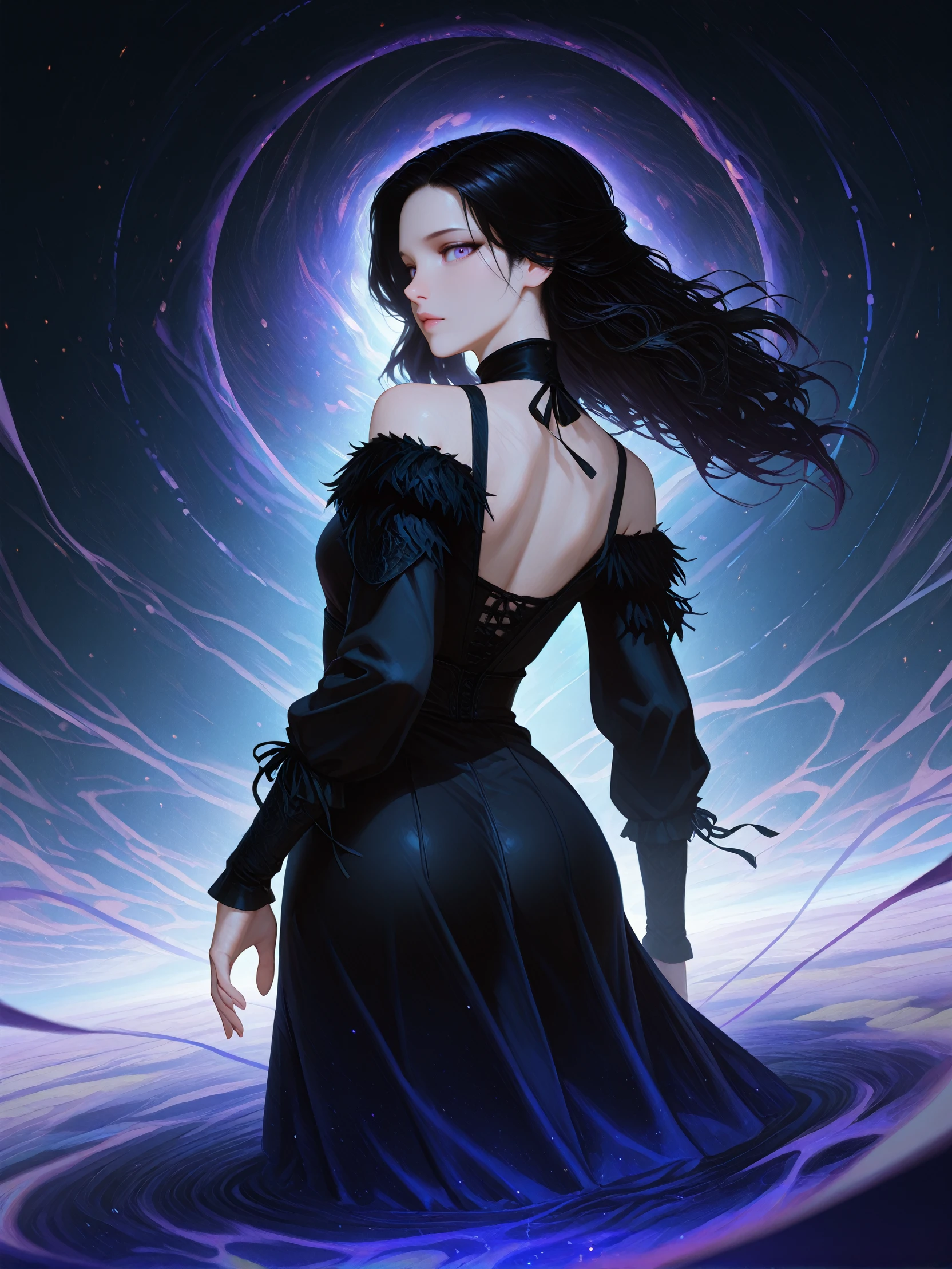 masterpiece, best quality, amazing quality, very aesthetic, absurdres, newest,
<lora:ILTW3Yennefer:1.0>
TW3Yennefer, 1girl, black hair, purple eyes, long hair, looking at viewer, avant-garde dress, surreal dreamscape, floating in air, abstract background, artistic photography, hyperrealism, from behind, looking at viewer