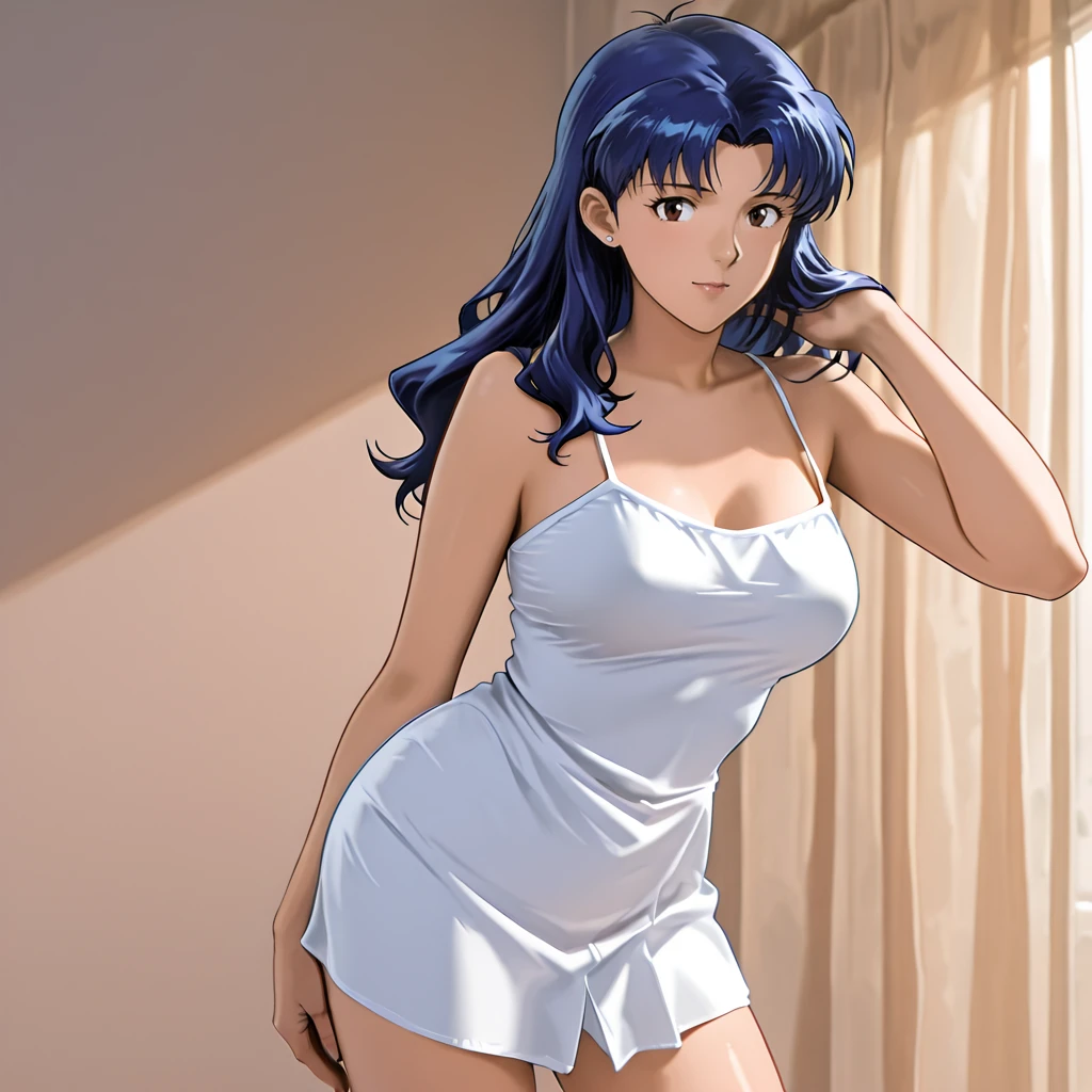 (1girl:1.3), ((katsuragi_misato)), posing for a picture in an apartment, medium_tits, purple hair, (analogue quality:0.6), (film grain:0.8), tetas desnudas, trasero desnudo, vagina desnuda