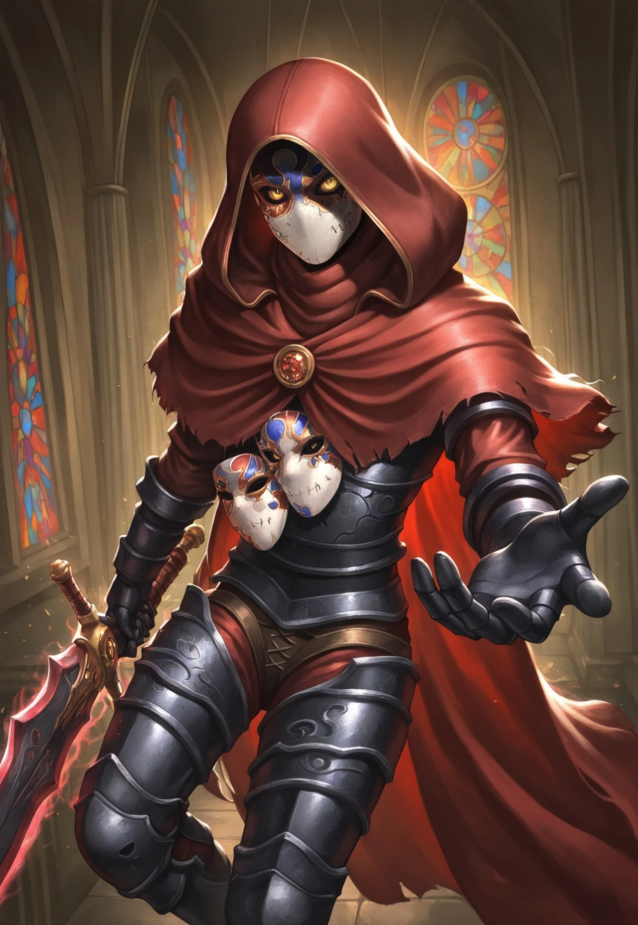 masterpiece, best quality, amazing quality, very aesthetic, absurdres, newest, jackOfBlades, 1boy, solo, mask, yellow eyes, hood, cloak, armor, holding, sword down, feet out of frame, from above, red aura, indoors, dungeon, stained glass, curtains, tapestry, fighting stance, beckoning viewer