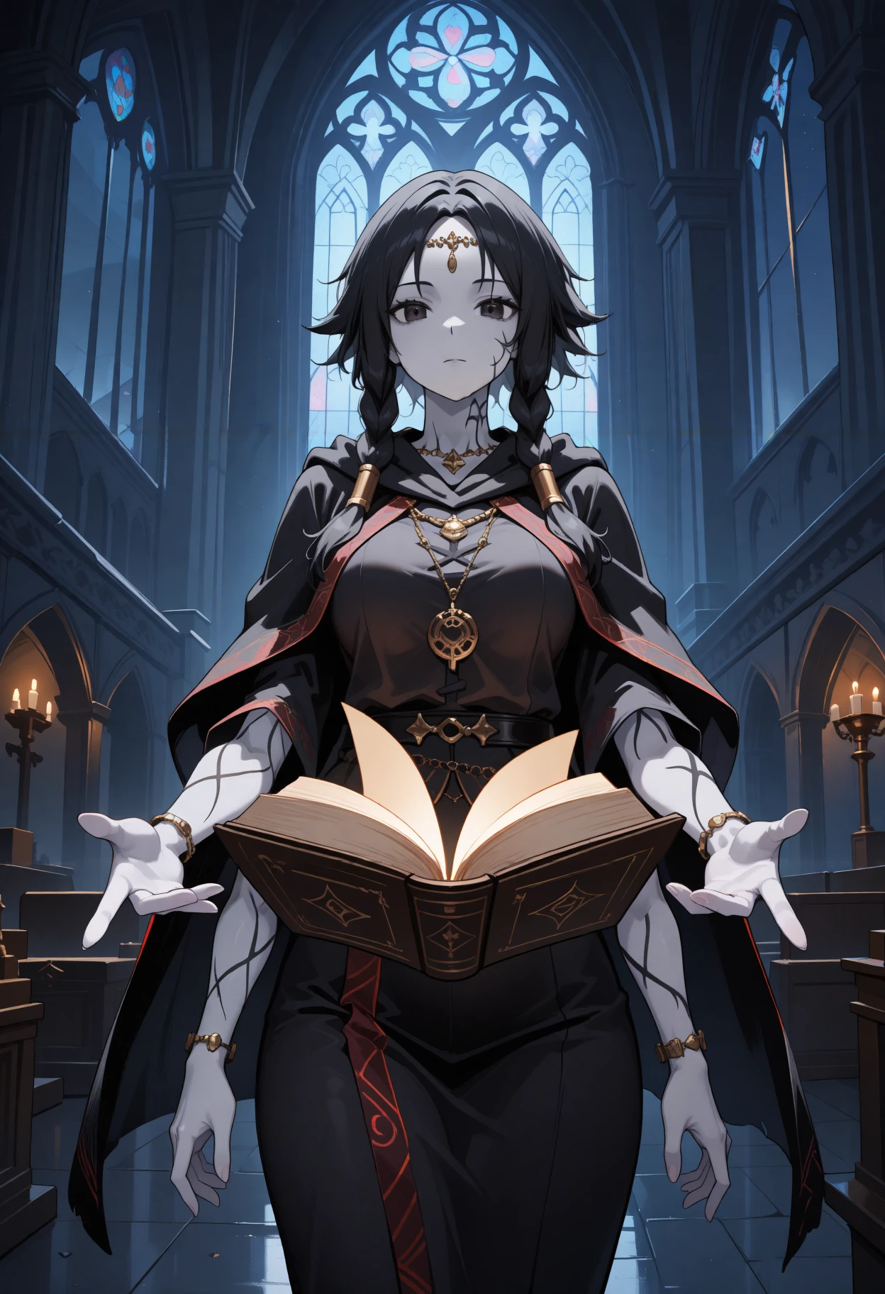 masterpiece, best quality, newest, hdr, dark, night, indoors, church, altar, closed mouth, 1girl, solo, looking at viewer, floating, expressionless, cowboy shot,
fi0d1, circlet, necklace, black robe, red trim, wide sleeves, long sleeves, black cloak, bracelet, long hair, black hair, twin braids, spiked hair, hair tubes, black eyes, tattoo, facial tattoo, colored skin, grey skin, extra arms, floating book, open book
<lora:Fool's Idol:1>