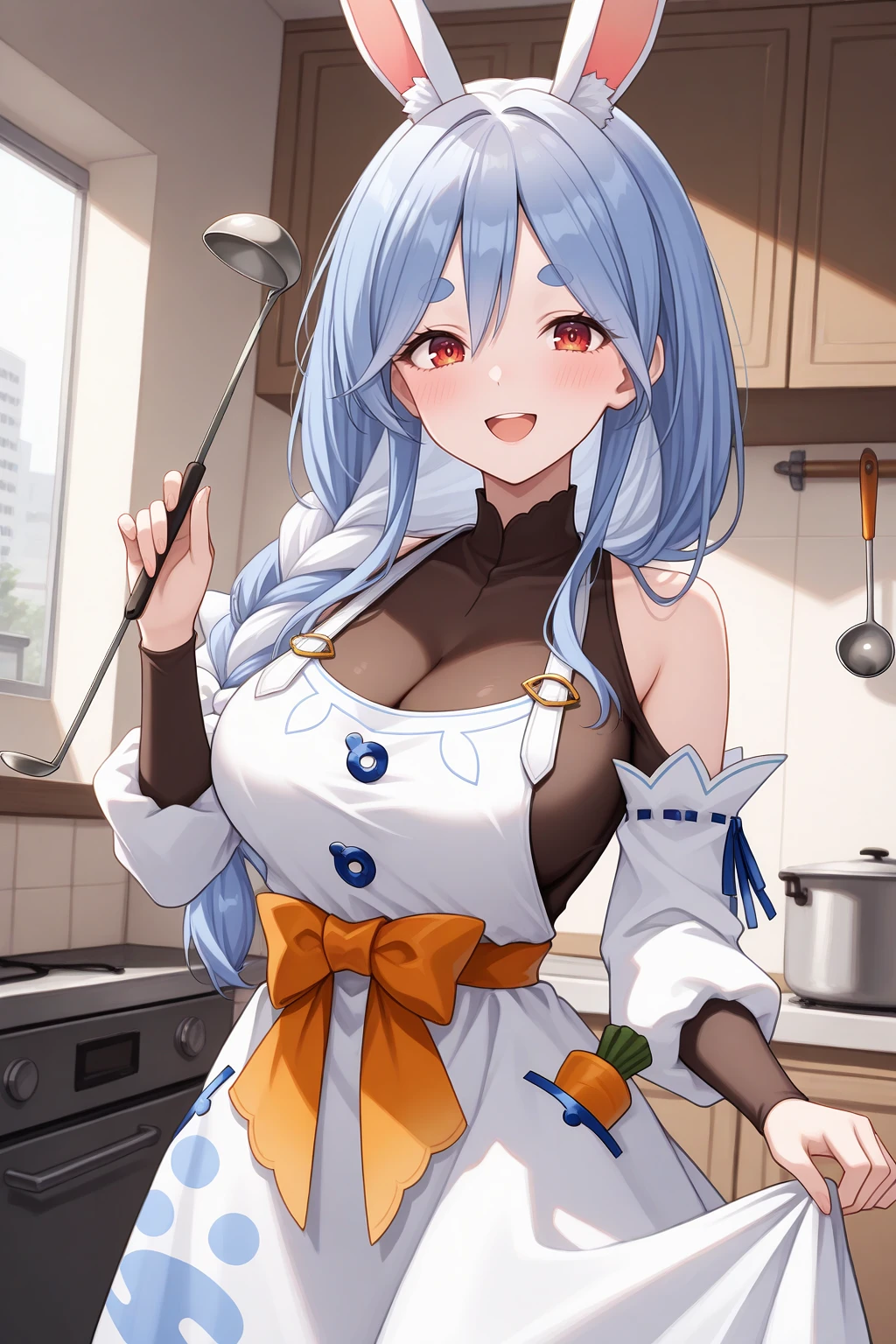 masterpiece, best qualiy, extremely detailed, 1girl,digital art, embarassed, (miwakasumi),naked, (wearing nude_kitchen_apron),sensual, no_clothes, BREAK standing, blunt_bangs, light_blue_hair, long hair, puffy, night, sensual, lewd, lascive, defined curves, BREAK living room, cozy, night, modern, perfect face, expressive eyes, exposed skin