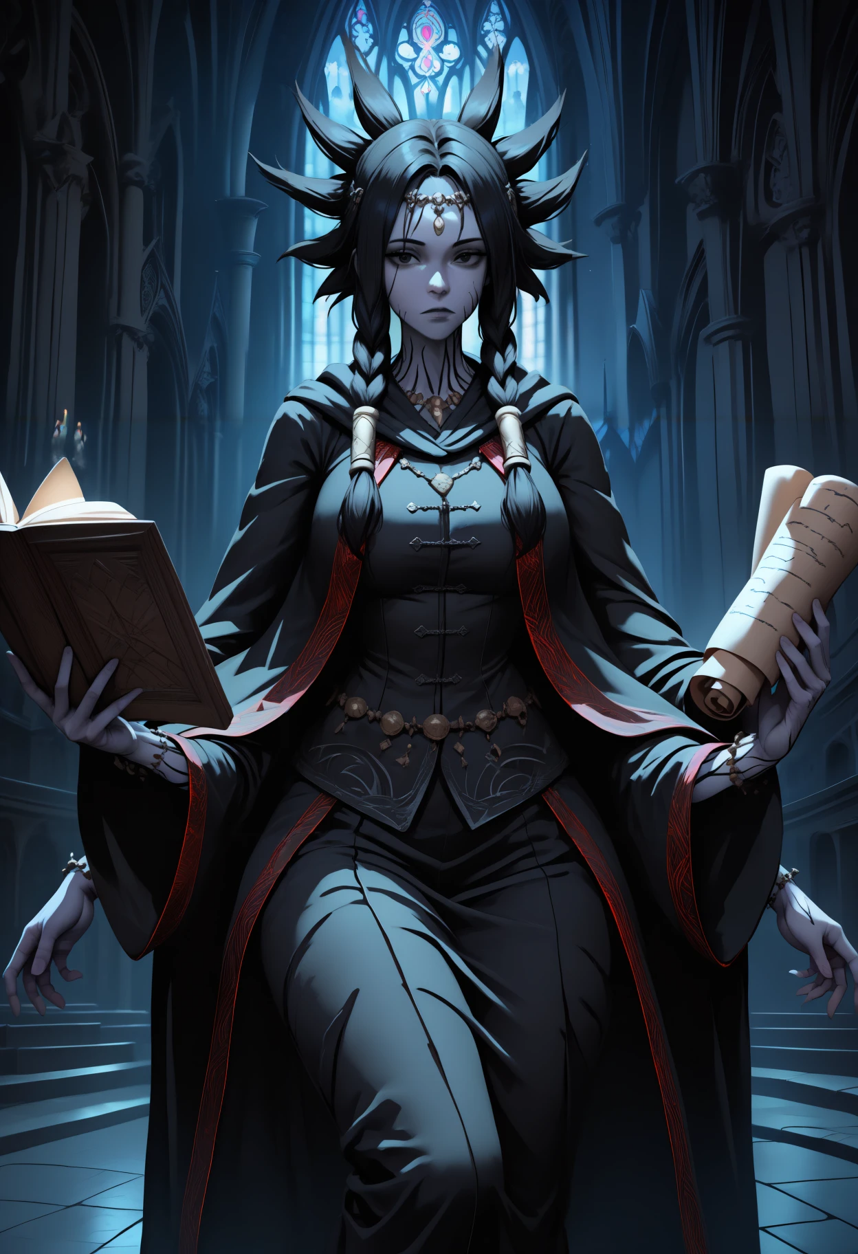 masterpiece, best quality, newest, hdr, dark, night, indoors, church, altar, closed mouth, 1girl, solo, looking at viewer, floating, expressionless, cowboy shot,
fi0d1, circlet, necklace, black robe, red trim, wide sleeves, long sleeves, black cloak, bracelet, long hair, black hair, twin braids, spiked hair, hair tubes, black eyes, tattoo, facial tattoo, colored skin, grey skin, extra arms, holding book, holding scroll, open book
<lora:Fool's Idol:1>