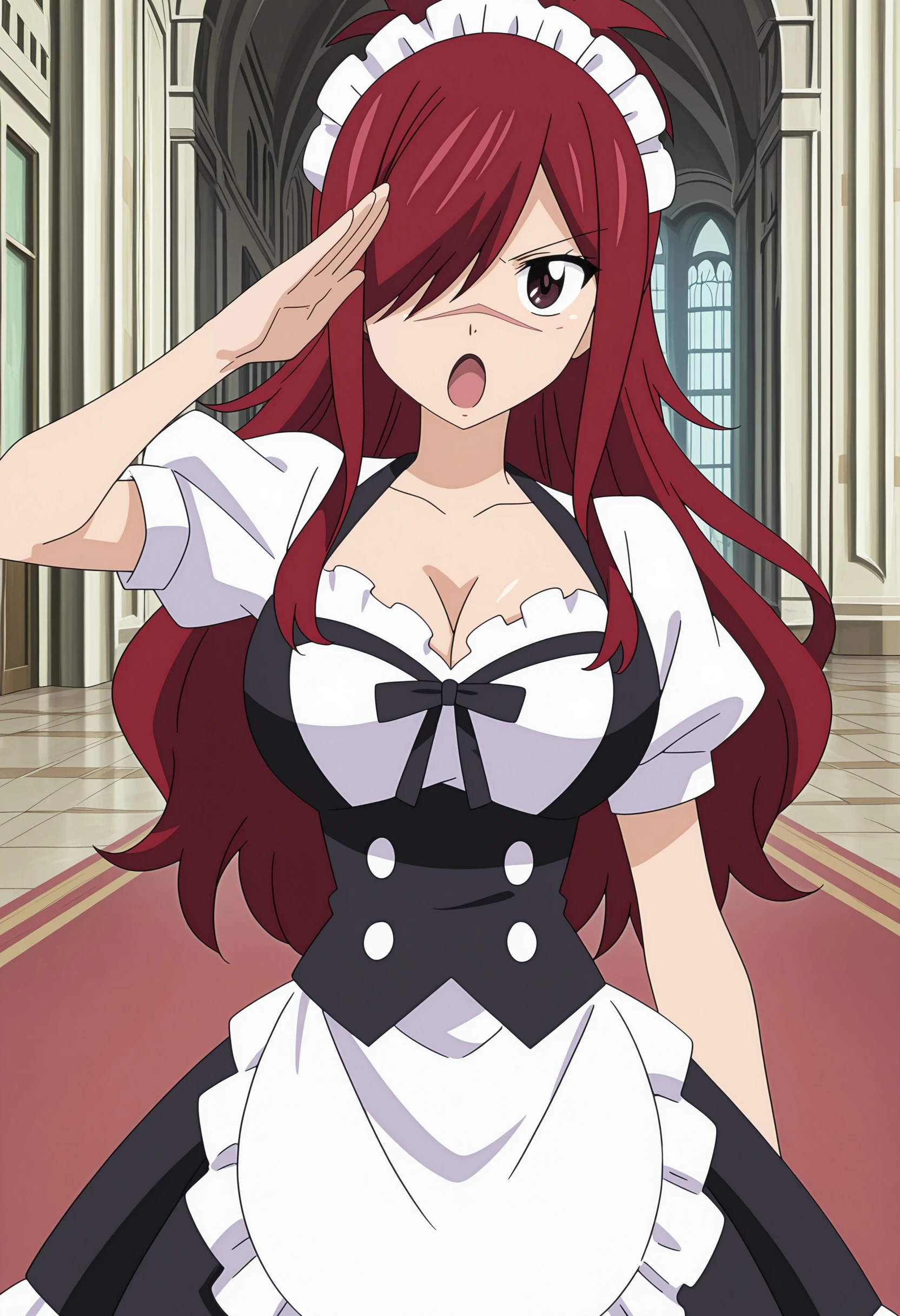 anime screencap, anime coloring, masterpiece, best quality, perfect face,
<lora:Erza_Scarlet_Fairy_Tail_100_Years_Quest_art_style:1>,
inside a fancy mansion,
Erza Knightwalker, 1girl, red hair, hair over one eye, , solo, scar across nose, maid, open mouth, long hair, maid headdress, large breastsage, aproe, alternate costume, short sleeves, collarbone, cowboy shot