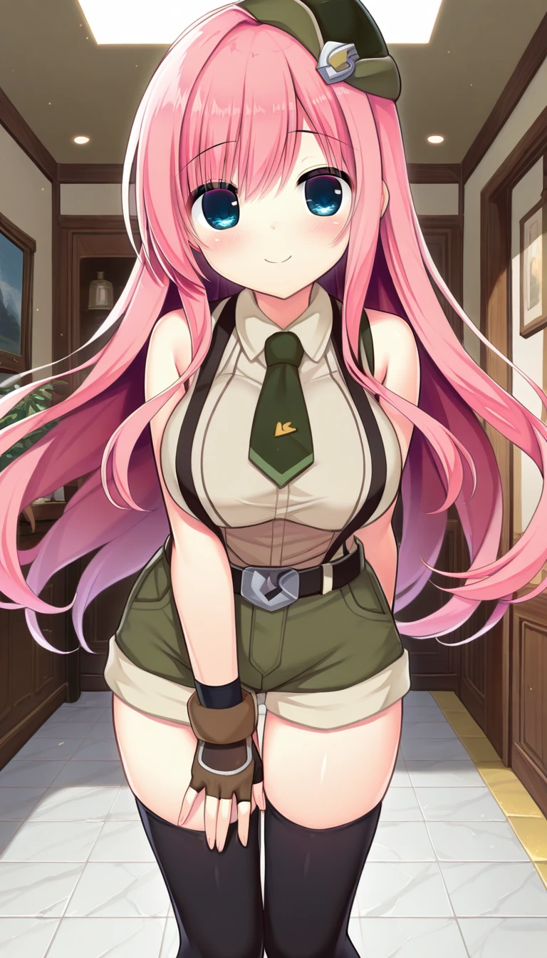 (masterpiece),best quality,amazing quality,very aesthetic,absurdres,newest,perfect body,shiny skin,perfect eyes,detail1eye,well-defined fingers,well-defined fingernails,anime style,indoors,1girl,solo,upper body,(portrait:1.5),looking at viewer,facing viewer,smile,blush,Utsunomiya Tsumire style,Novice female,Novice female uniform,beret,very long hair,pink hair,floating hair,bangs,blue eyes,collared shirt,sleeveless shirt,beige shirt,large breasts,dark green necktie,bare arms,fingerless gloves,black belt,suspender shorts,green shorts,short shorts,shorts rolled up,zettai ryouiki,black thighhighs,boots,<lora:TNT-Novice female(tnt)-Illus:1.6>,<lora:Utsunomiya Tsumire[style]-Illus:1.4>,