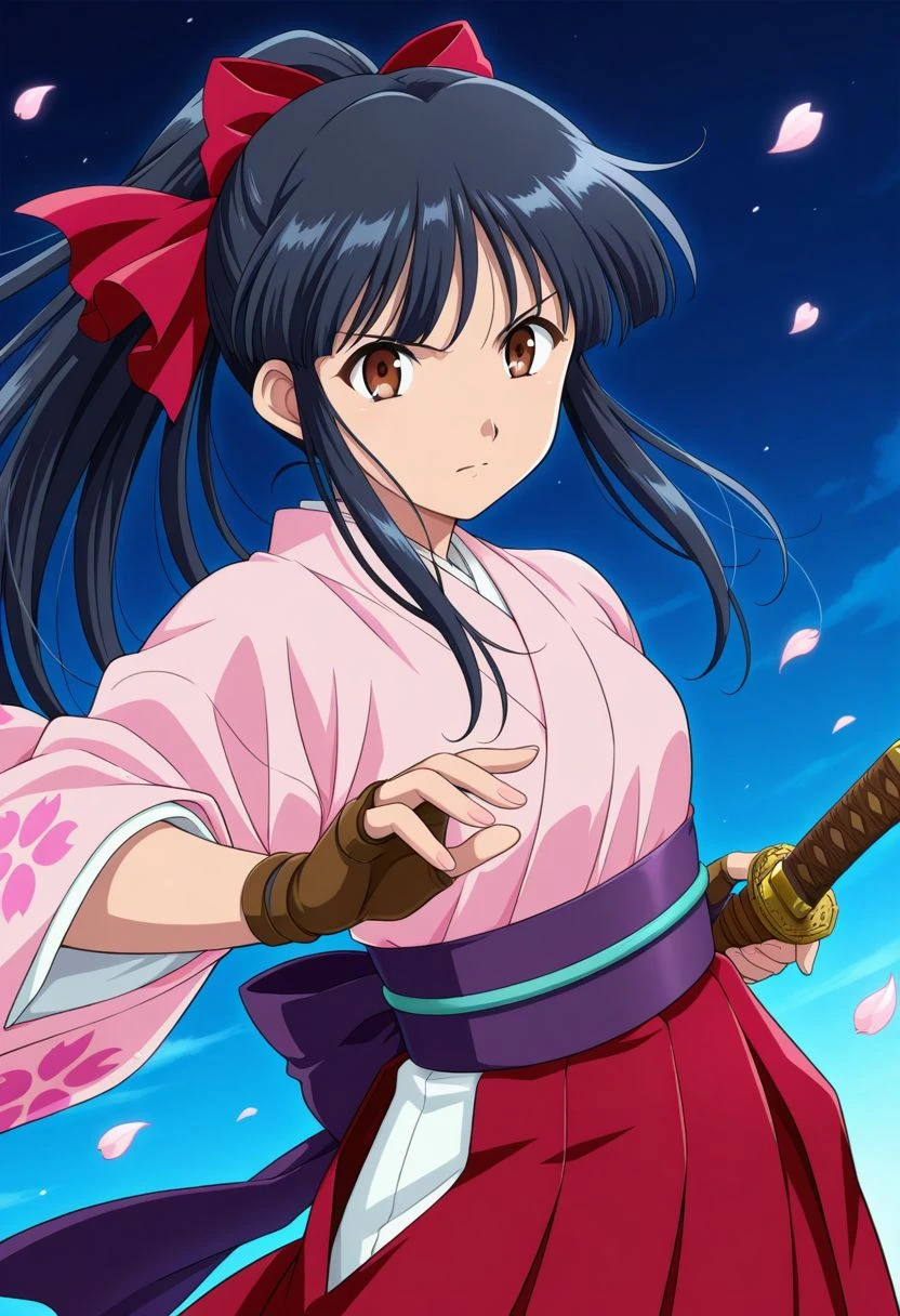 detailed eyes, beautiful, detailed background, perfect eyes,
source_anime, very aesthetic, anime coloring, masterpiece, official art,
<lora:HandFineTuning_XL:1>
BREAK,
dark blue background, sakura petals, action effects,
cowboy shot, dynamic angle,
serious, dynamic pose, unsheathing katana, katana sheath,
BREAK,
<lora:shinguji_illustrious_v01:0.9>
sakuraBase, black hair, hair ribbon, red ribbon, brown hair, ponytail, red bow, sidelocks, bangs,
meiji schoolgirl uniform, japanese clothes, red hakama, floral print sleeves, floral print kimono, purple sash, fingerless gloves, green obijime,