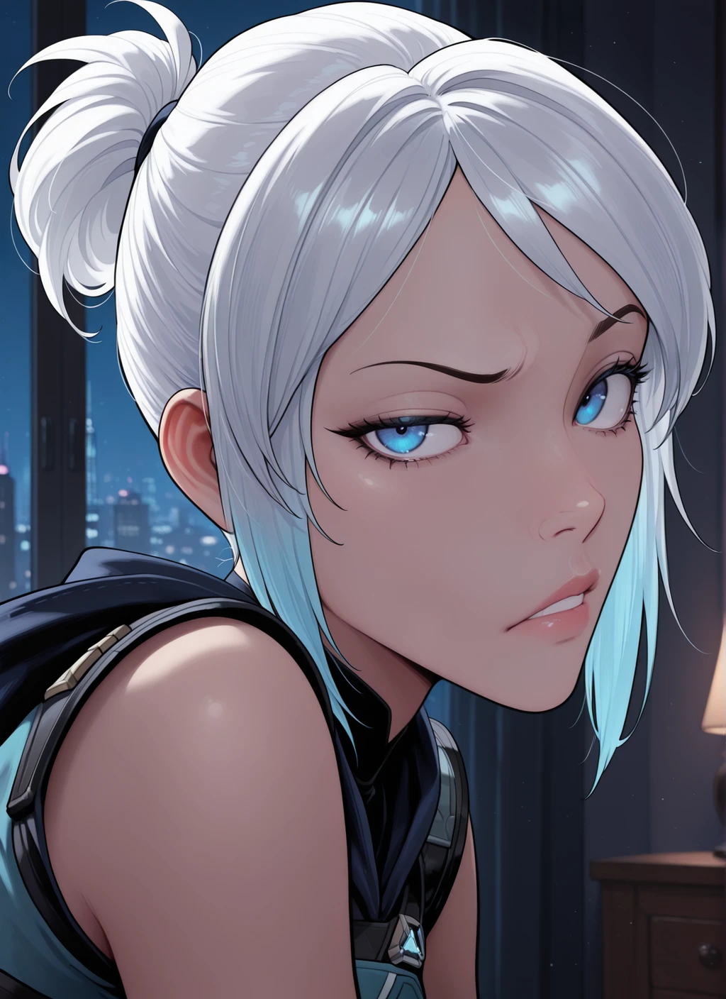embedding:IllusP0s, artist:schmedefus3, side view, solo, lips, eyelashes, 1girl, jett_\(valorant\), cringing, raised eyebrow, looking at viewer, annoyed, indoors night, close-up, embedding:IllustriousQual, embedding:Smooth Quality,<lora:artist_schmedefus3_ill.safetensors:1.0:1.0>