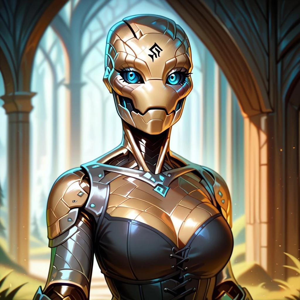 (((detailed, beautiful, high quality))), score_9, score_8_up, score_7_up, upper body, solo,
warforged, robot monster, metal body, black sclera, rune on forehead, wooden hinges,
1 girl, blue eyes, golden skin, black corset,
looking at the viewer, posing,
fantasy background, blurred background,