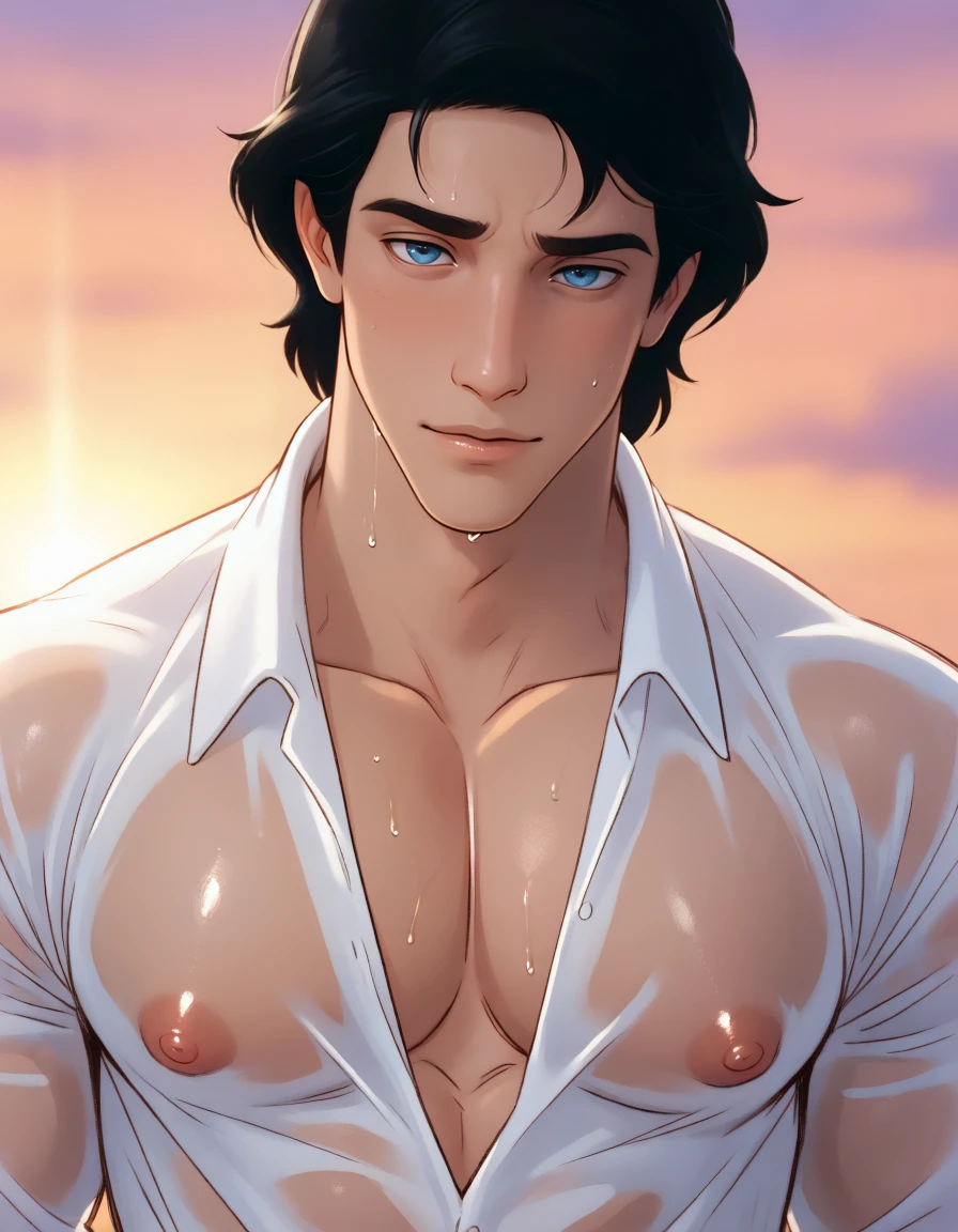 masterpiece, best quality, amazing quality, very aesthetic, high resolution, ultra-detailed, absurdres, newest, colorful, rim light, backlit, highest detailed, very awa, <lora:Prince_Eric_Illust:0.8> 1boy, male focus, prince_eric, black hair, blue eyes, white shirt, pectoral cleavage, pectorals, muscular male, parody, solo, close up, lips, upper body, puffy nipples, wet shirt, lips