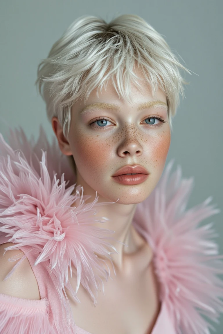 This is a highly detailed, artistic photograph featuring a young person with a striking, surreal aesthetic. The subject is a person with pale, slightly wavy, platinum blonde hair, styled in a tousled manner. They have a slender, androgynous build with a delicate, almost ethereal appearance. Their skin is very fair, with a subtle blush and freckles. They have piercing, light blue eyes that gaze directly at the camera with a slightly melancholic expression.