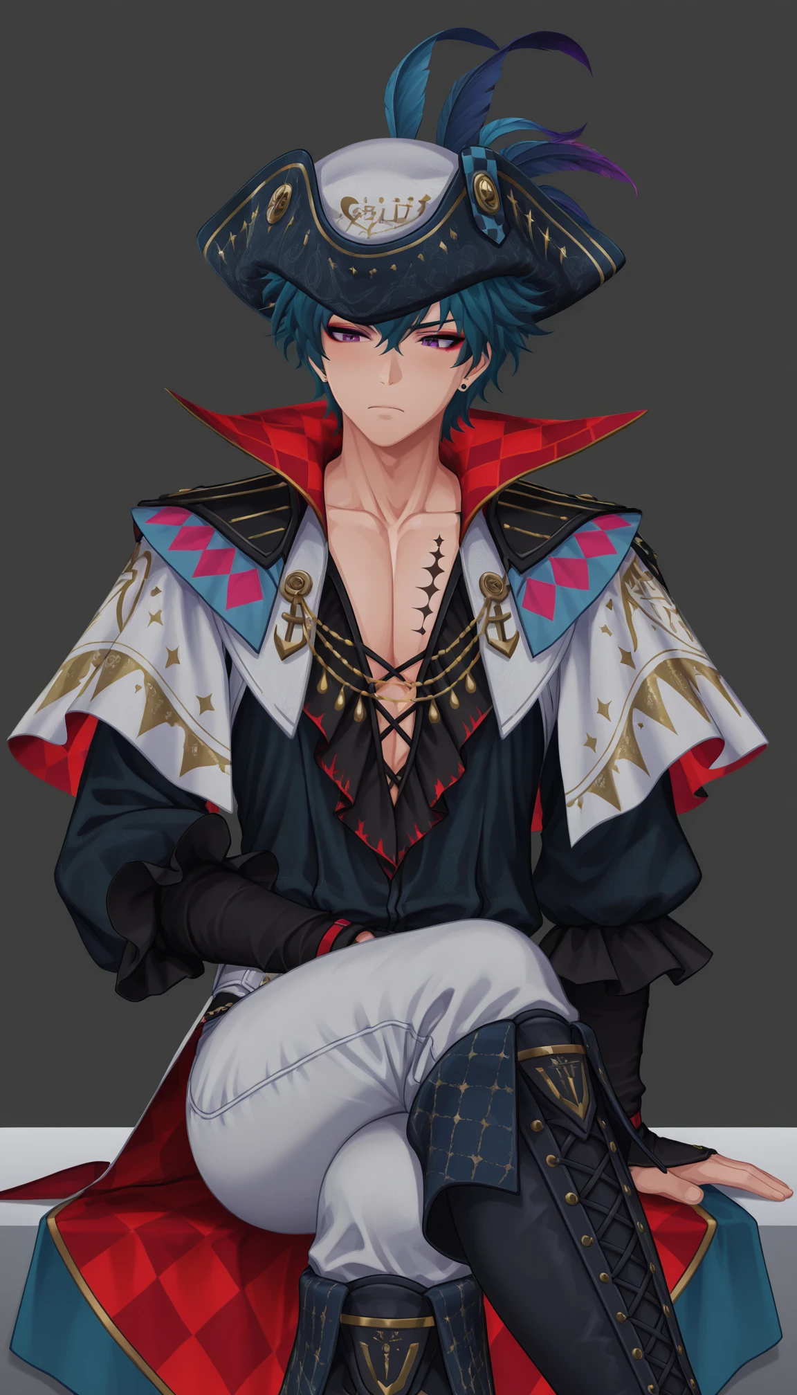 dutch angle, male focus, ,male focus, solo, mature male, moaning, bulante, purple eyes, blue hair, hat, feathers, black shirt, makeup, pectoral cleavage, puffy sleeves, tattoo, capelet, ribbon, knee boots,
serious, closed mouth, crossed legs,
detailed, perfect anatomy, masterpiece, best quality, good quality, newest, very aesthetic, <lora:bulante ill:1>