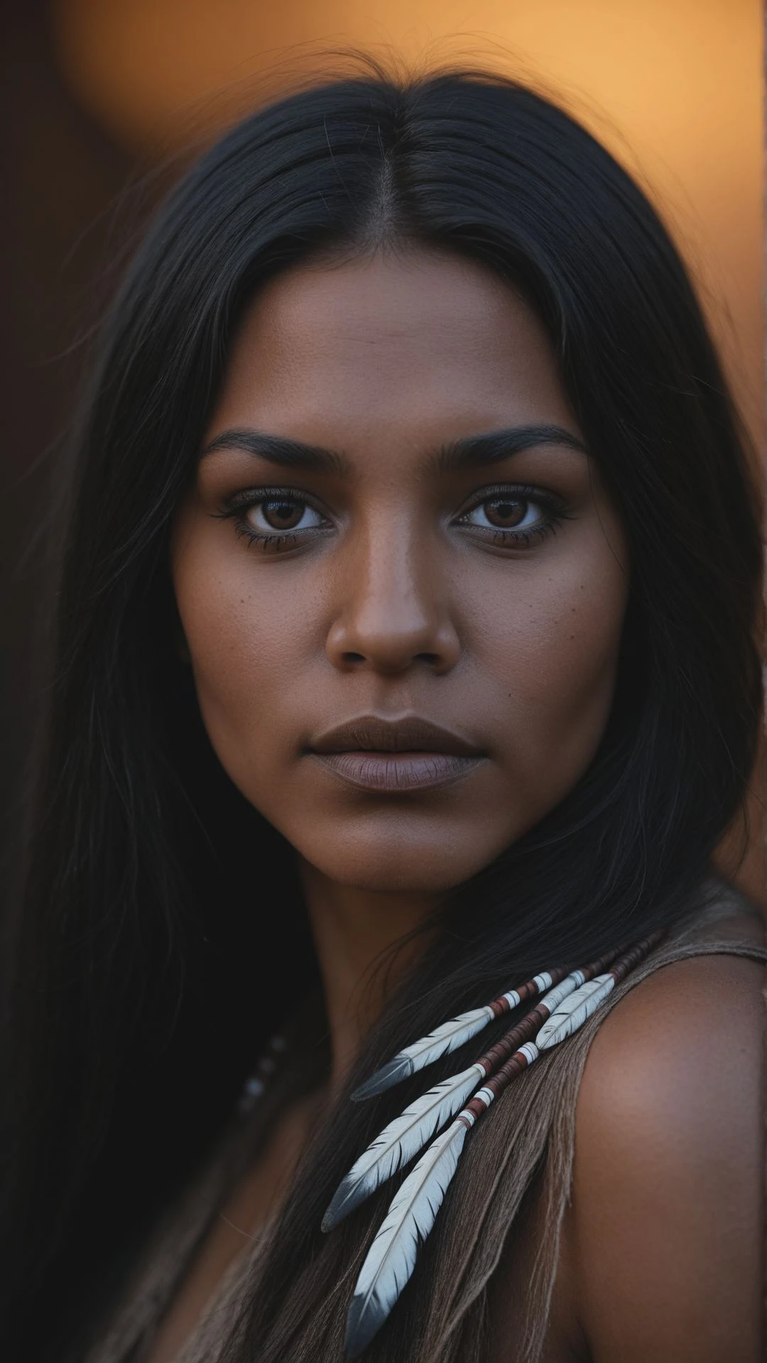 A studio shot of a Native American woman with long, straight raven-black hair, her face partially obscured by shadows. Her deep brown eyes catch the subtle reflection of the warm lighting, and the high-resolution details capture the smoothness of her rich, earthy skin tones.
, aidmarealisticskin <lora:aidmaRealisticSkin_IL:0.65>