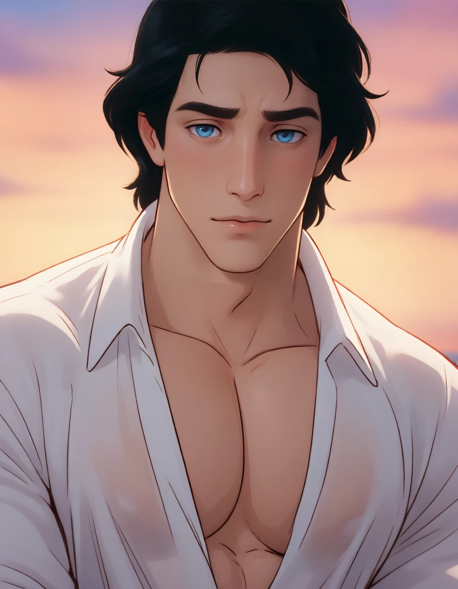 masterpiece, best quality, amazing quality, very aesthetic, high resolution, ultra-detailed, absurdres, newest, colorful, rim light, backlit, highest detailed, very awa, <lora:Prince_Eric_Illust:0.8> 1boy, male focus, prince_eric, black hair, blue eyes, white shirt, pectoral cleavage, pectorals, muscular male, parody, solo, close up, lips, upper body