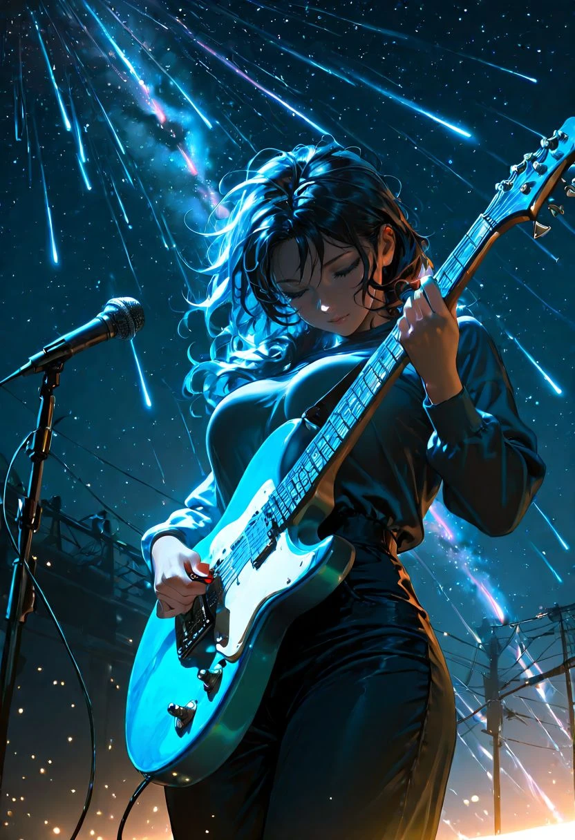 Smooth Quality, 1girl, solo, mature, instrument, microphone, meteor shower, starry sky, music, guitar, holding instrument, electric guitar, facing down, holding plectrum, messy hair, crazy hair, from below, cowboy shot, dynamic angle, <lora:SmoothMix_Illustrious_v2:1> <lora:Smooth_Booster:0.5> <lora:Smooth_Lighting_Enhancer:0.5>