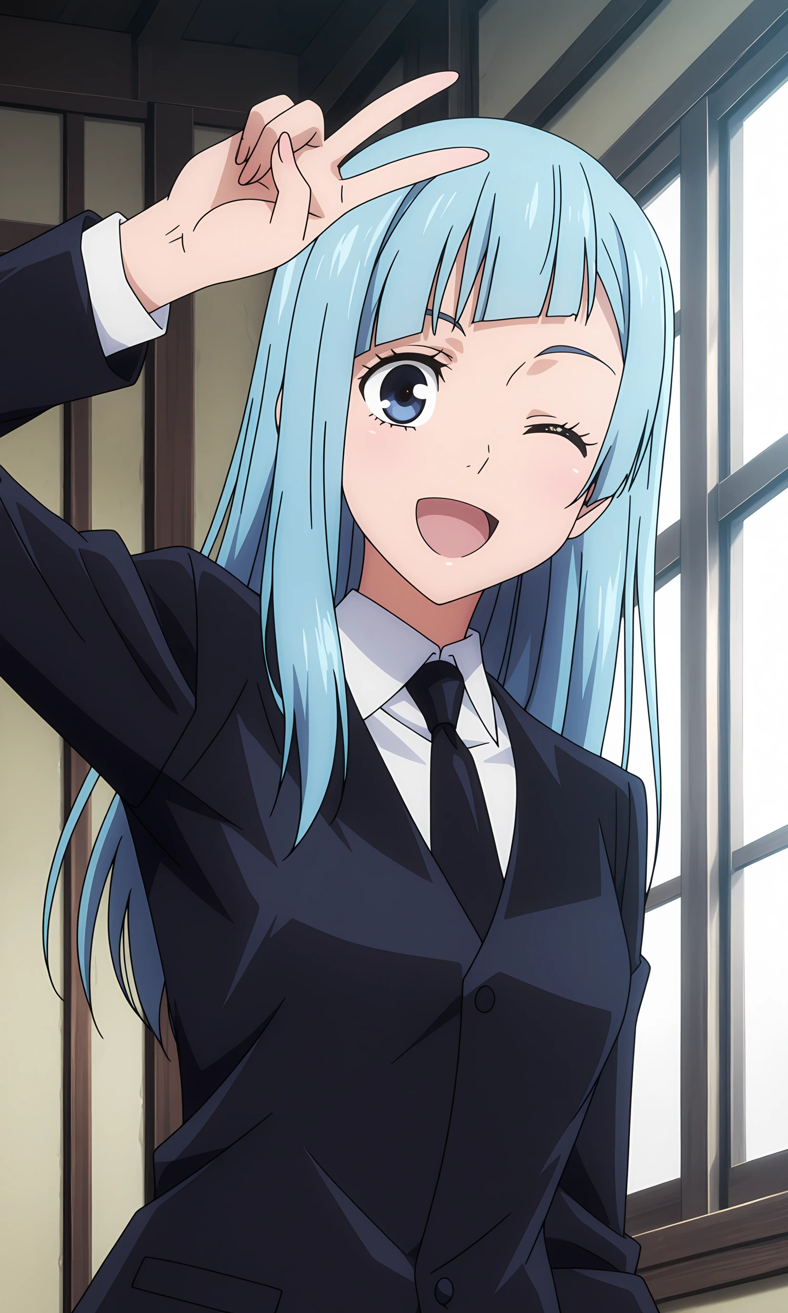 anime coloring, (anime screencap) masterpiece, detailed face, <lora:lora.TA_trained:1>,Kasumi, 1girl, solo, blue hair, long hair, necktie, black necktie, formal, looking at viewer, shirt, suit, smile, bangs, blue eyes, one eye closed, white shirt, window, jacket, indoors, upper body, collared shirt, blunt bangs, open mouth, light blue hair, black jacket, straight hair, v, peace sign