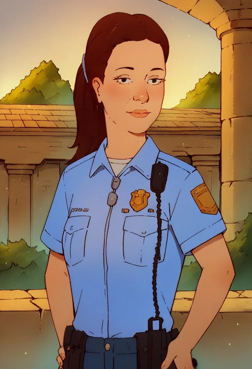 KOTHJaneCooper, 1girl, brown hair, ponytail, black eyes, policewoman, police uniform, blue shirt, short sleeves, breast pocket,
uncensored, score_9__up, score_9, score_8_up, score_8, score_7_up, score_7, score_6_up, score_6, score_5_up, source_cartoon, highres, Rating_Safe
standing, hands on hip, upper body, cowboy shot, temple, indoors, ruins, pillars