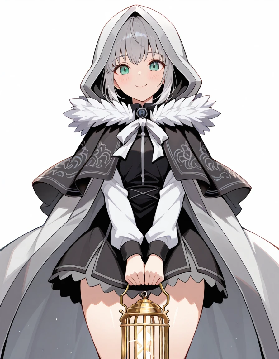 Volumetric Lighting, (masterpiece), (best quality), (ultra-detailed), masterpiece, source_anime, score_9, score_8_up, score_7_up BREAK, illustration, disheveled hair, detailed eyes, perfect composition, moist skin, intricate details BREAK, light depth, detailed face BREAK, Gray, grey hair, green eyes, short hair, sidelocks BREAK, Grayalt, alt_hooded_cloak, alt_fur_trim_capelet, alt_shirt, alt_neck_ribbon,hood up BREAKK, ((white background)), looking at viewer,v arms, holding birdcage, def_birdcage, smile, shirt ribbon,, thighs