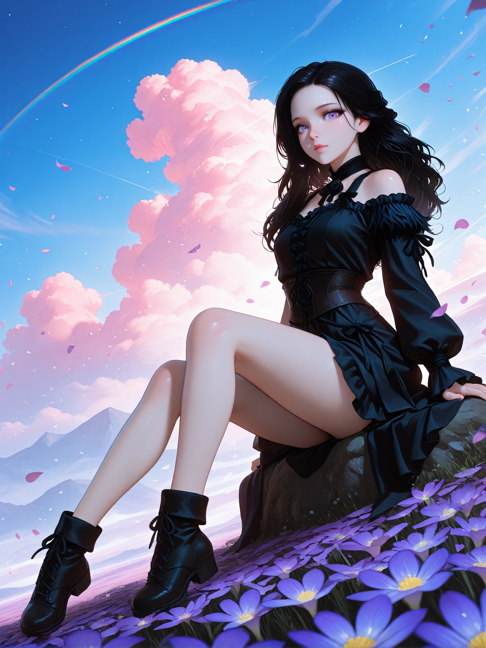 masterpiece, best quality, amazing quality, very aesthetic, absurdres, newest,
<lora:ILTW3Yennefer:1.0>
TW3Yennefer, 1girl, black hair, purple eyes, long hair, looking at viewer, kawaii outfit, rainbow sky, fantasy world, floating petals, dreamlike setting, vibrant and colorful, sitting, full body