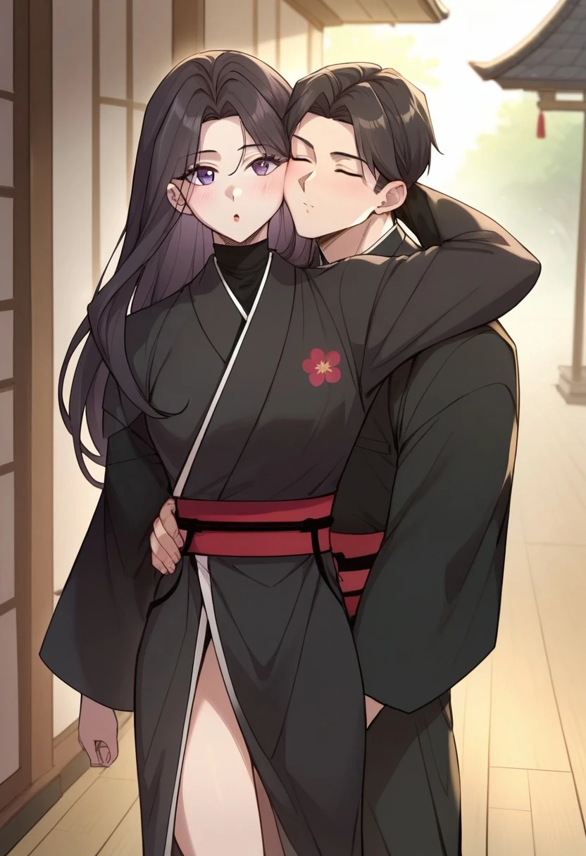 ((Masterpiece, Highest Quality, Ultra Detailed, High Resolution, Absurd: 1.2)
Score_9, Score_8_up, Score_7_up, source_anime.masterpiece,highres,absurdres. Best resolution. Good anatomy.
long hair, black hair, purple eyes, long sleeves, japanese clothes, kimono, red sash, black kimono
1 male
(1 girl. 1 male. rubbing cheek to cheek. pressed cheeks)