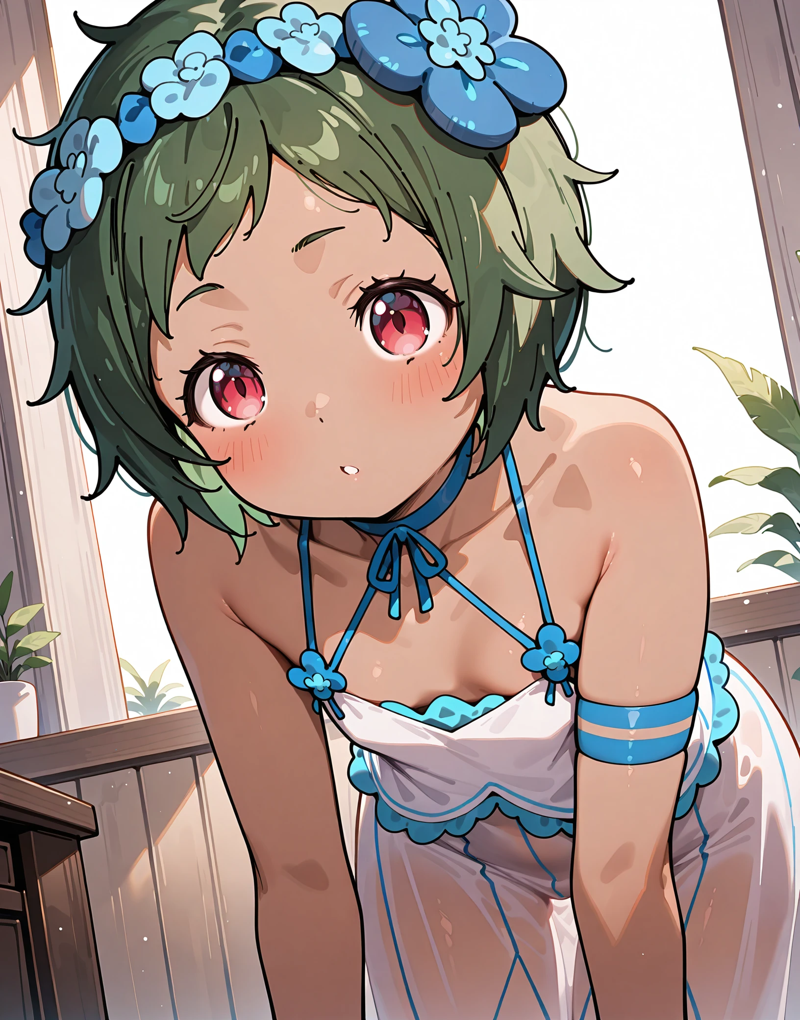 (((Highest quality,High resolution,Pixel perfect,Noise Reduction,Beautiful Anime,Smooth Skin,Glowing Skin,Soft Skin,Detailed face,１people,No text,No dialogue,No sound effects,No manga))),(((Sinon,Green Hair,short hair,Green Eyes,Hairpins in the bangs))),(((White super micro bikini,White knee-high socks,))),((front,Eyes meet,White bedroom,On all fours on the bed))