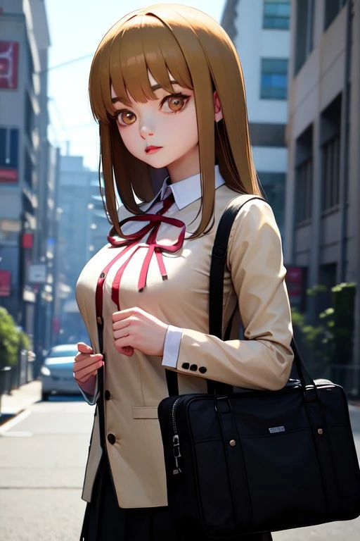 masterpiece, best quality, 32k, high resolution, absurdres, binbouchan, looking at viewer, upper body, closed mouth, shirt, ribbon, school bag, pleated skirt, bag, standing, long sleeves